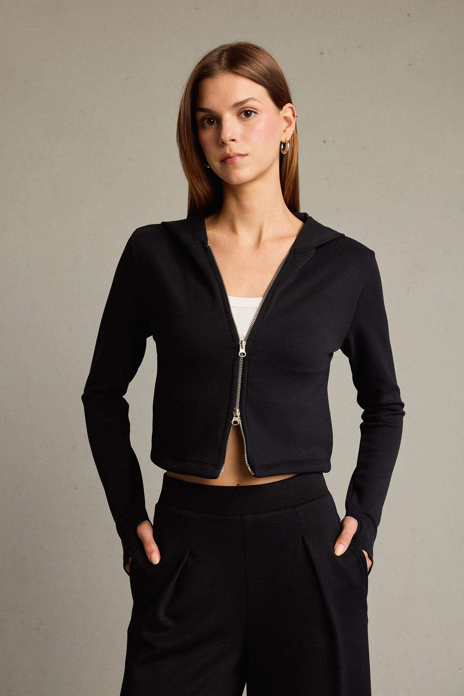 Kapüşonlu Fermuarlı Modal Hırka