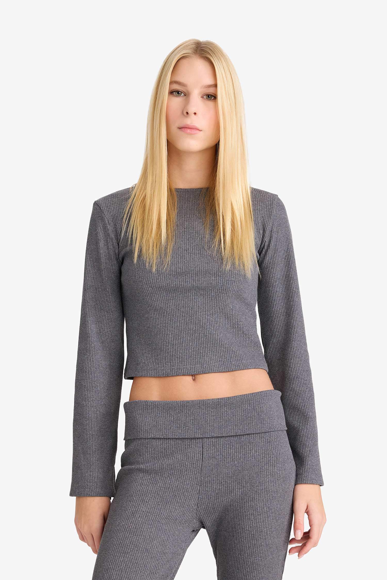 Fitted Bisiklet Yaka Fitilli Kaşkorse Uzun Kollu Tişört