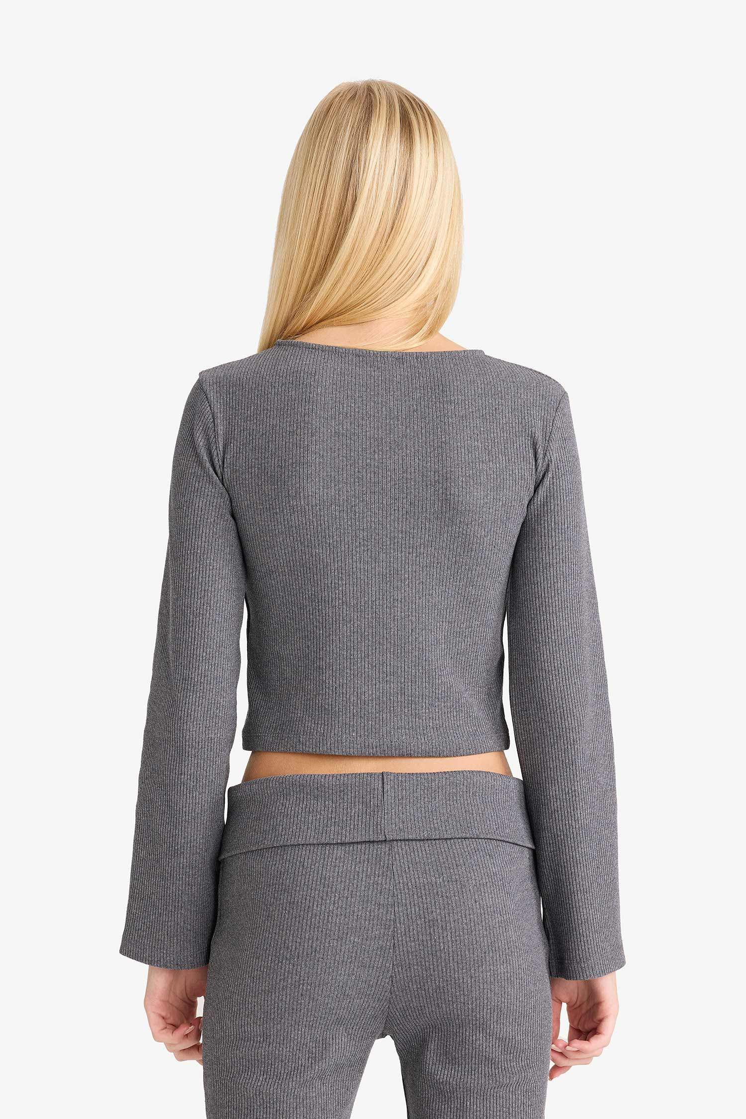 Fitted Bisiklet Yaka Fitilli Kaşkorse Uzun Kollu Tişört