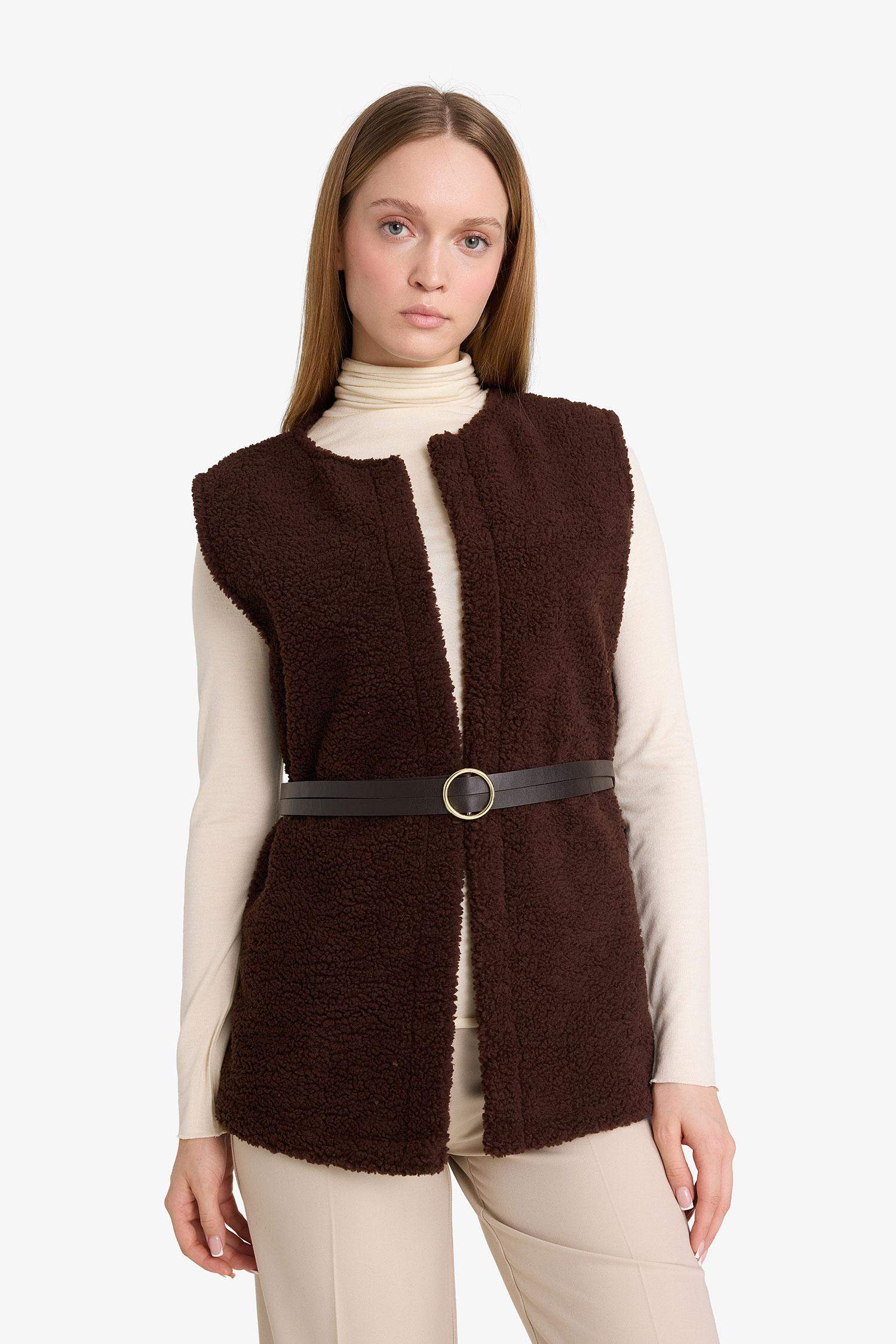 Regular Fit Crew Neck Plush Soft Hairy Inside Cardigan