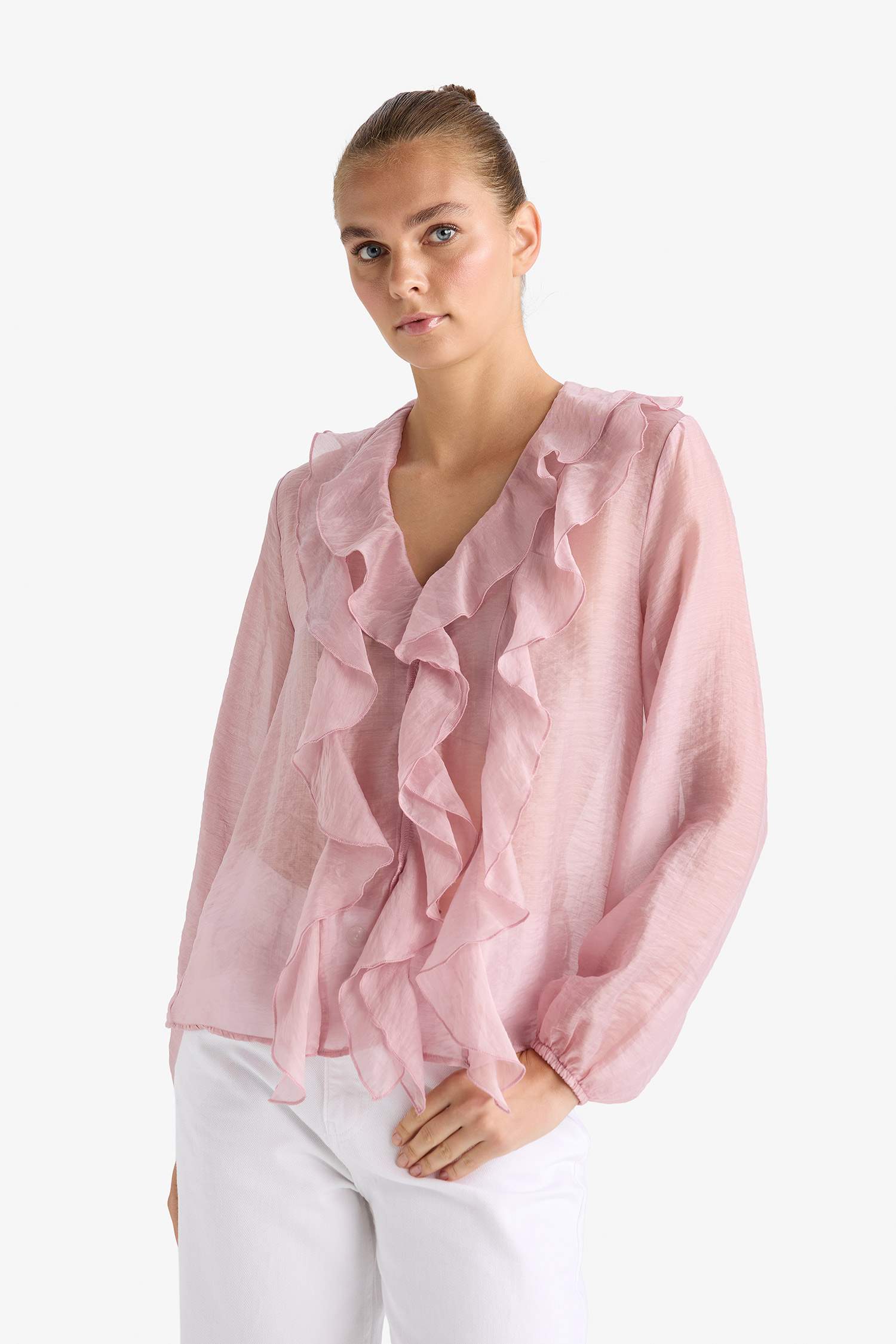 Overshirt Fit Modal Volanlı Uzun Kollu Bluz