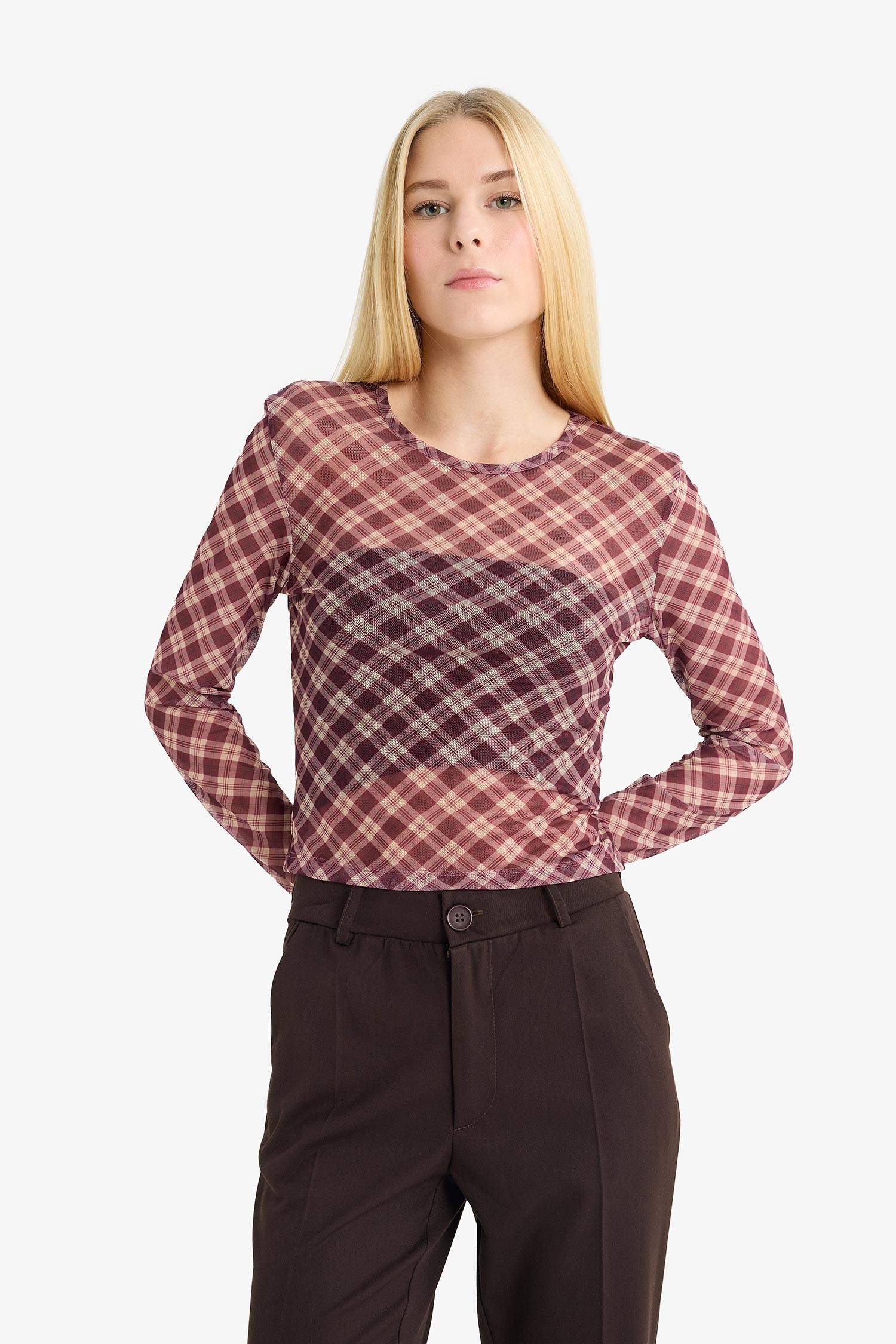 Coool Fitted Kareli Tül Uzun Kollu Tişört