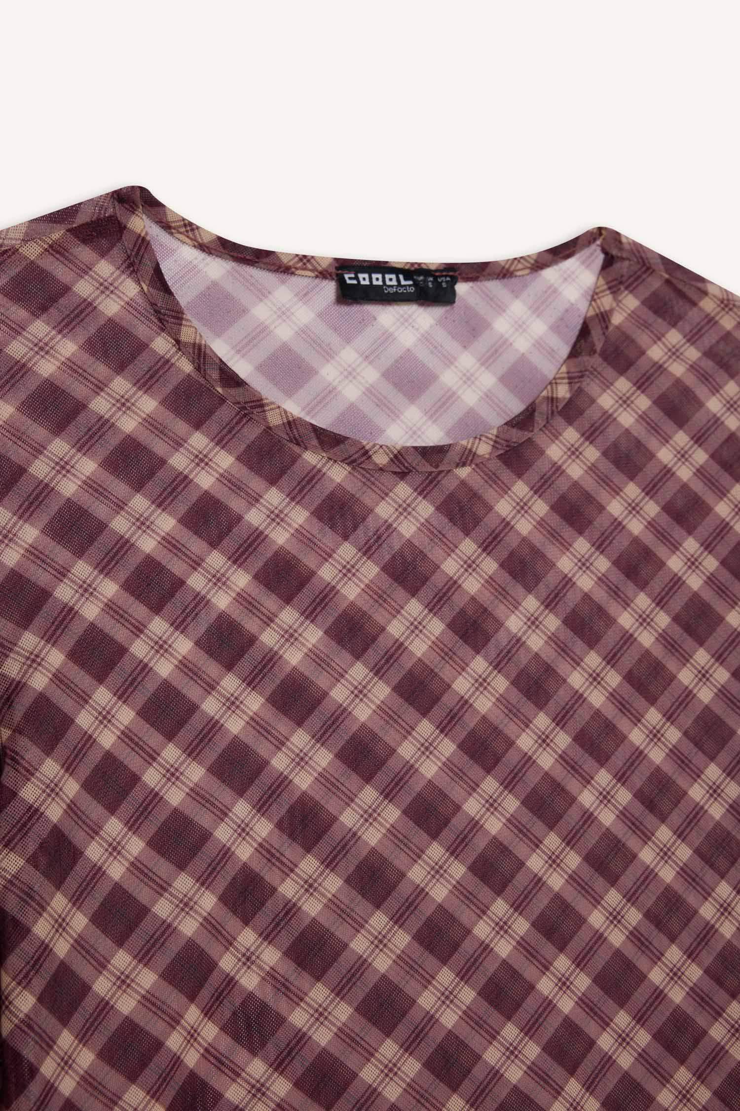 Coool Fitted Kareli Tül Uzun Kollu Tişört