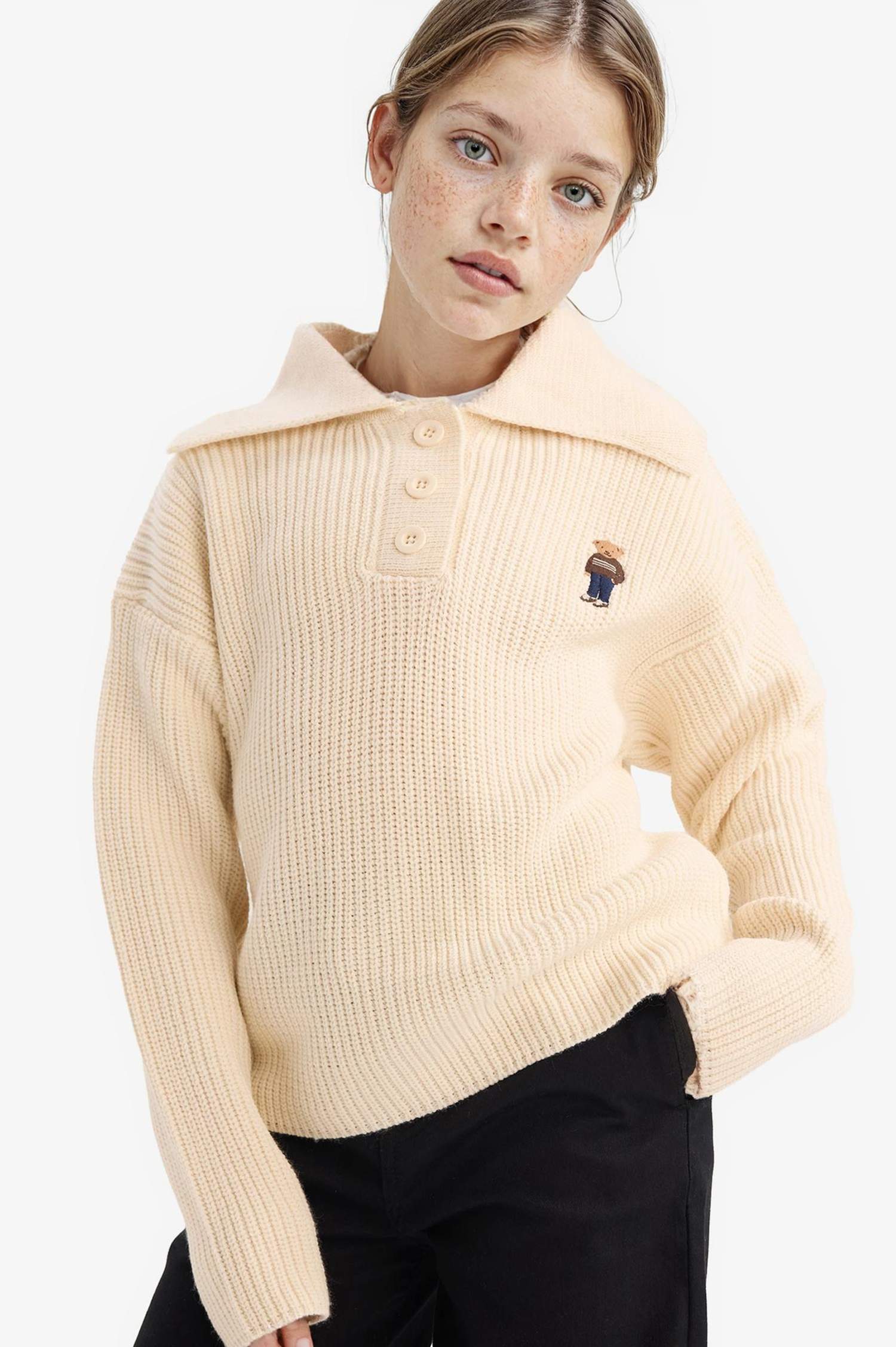 Kız Çocuk Polo Yaka Nakışlı Triko Kazak 