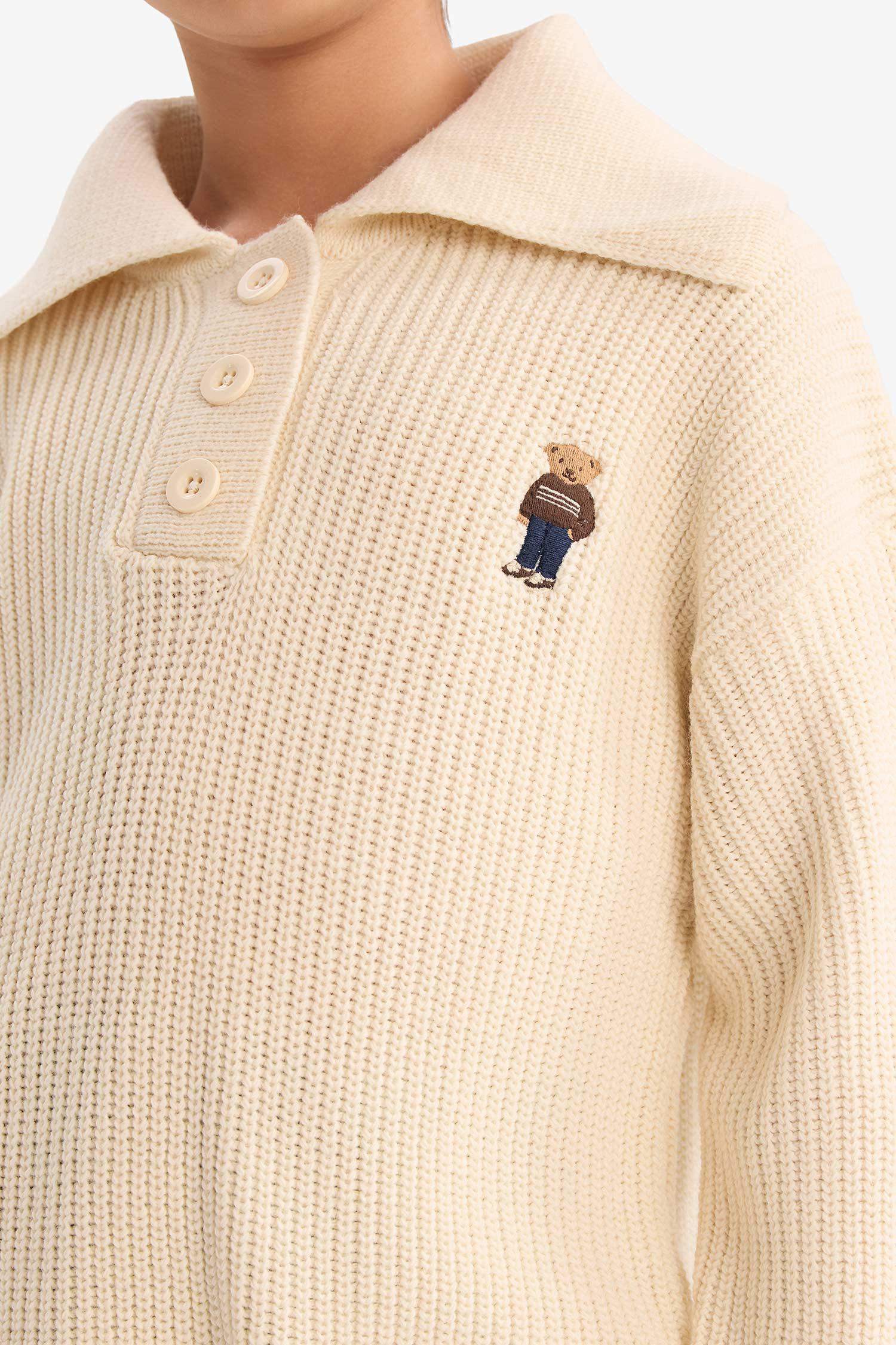 Kız Çocuk Polo Yaka Nakışlı Triko Kazak