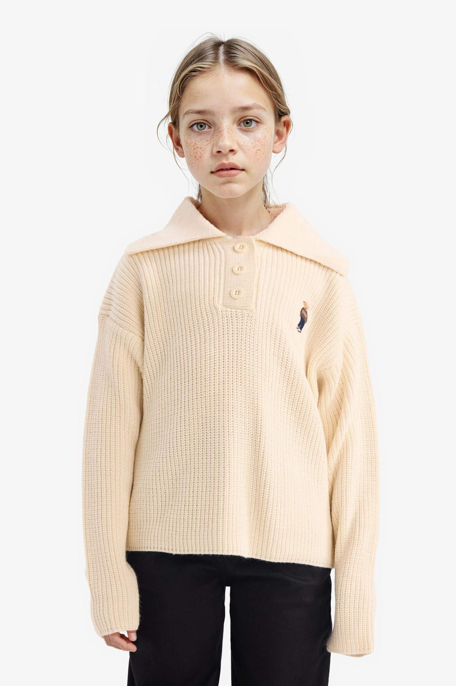 Kız Çocuk Polo Yaka Nakışlı Triko Kazak 