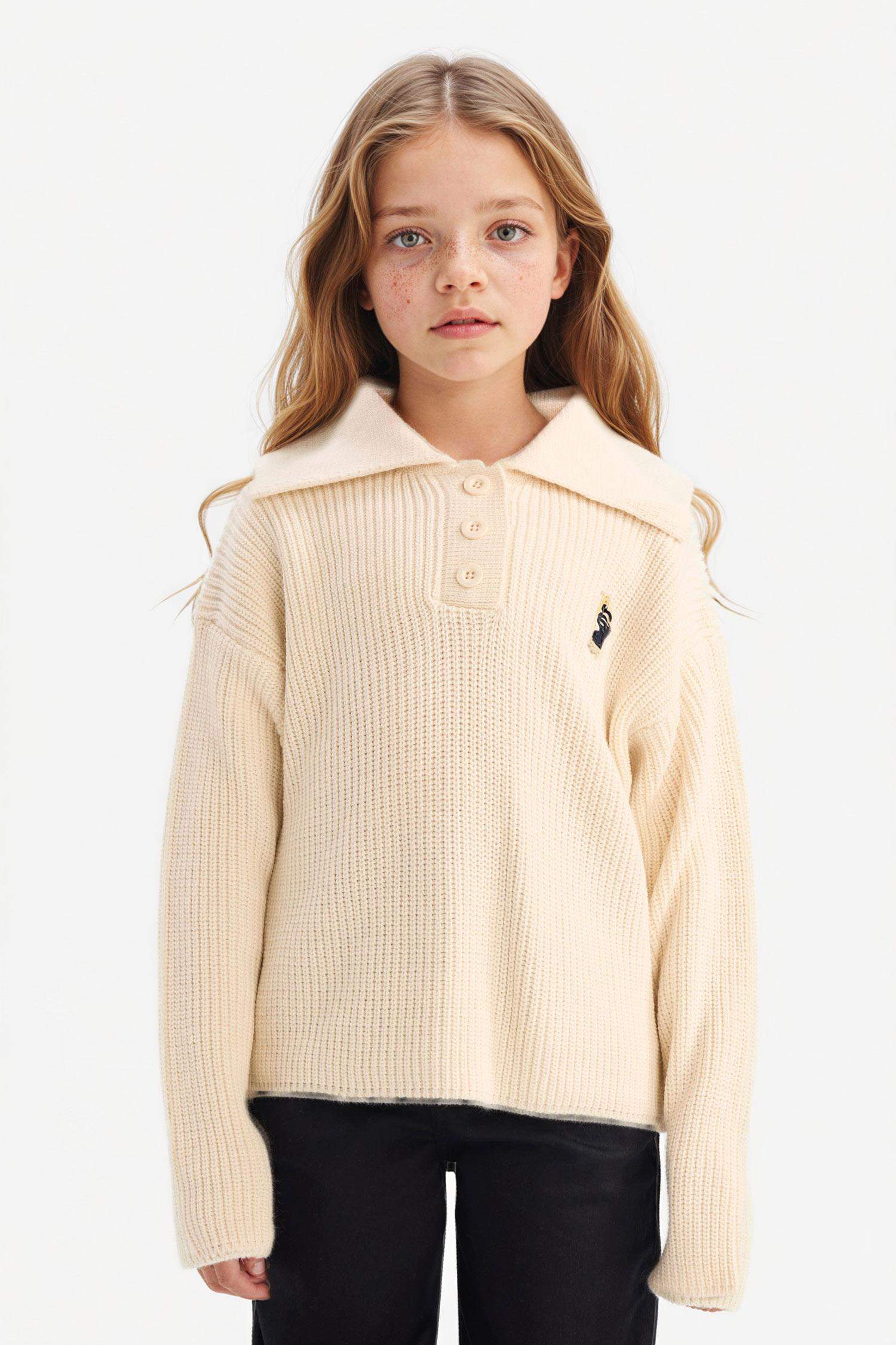 Kız Çocuk Polo Yaka Nakışlı Triko Kazak 