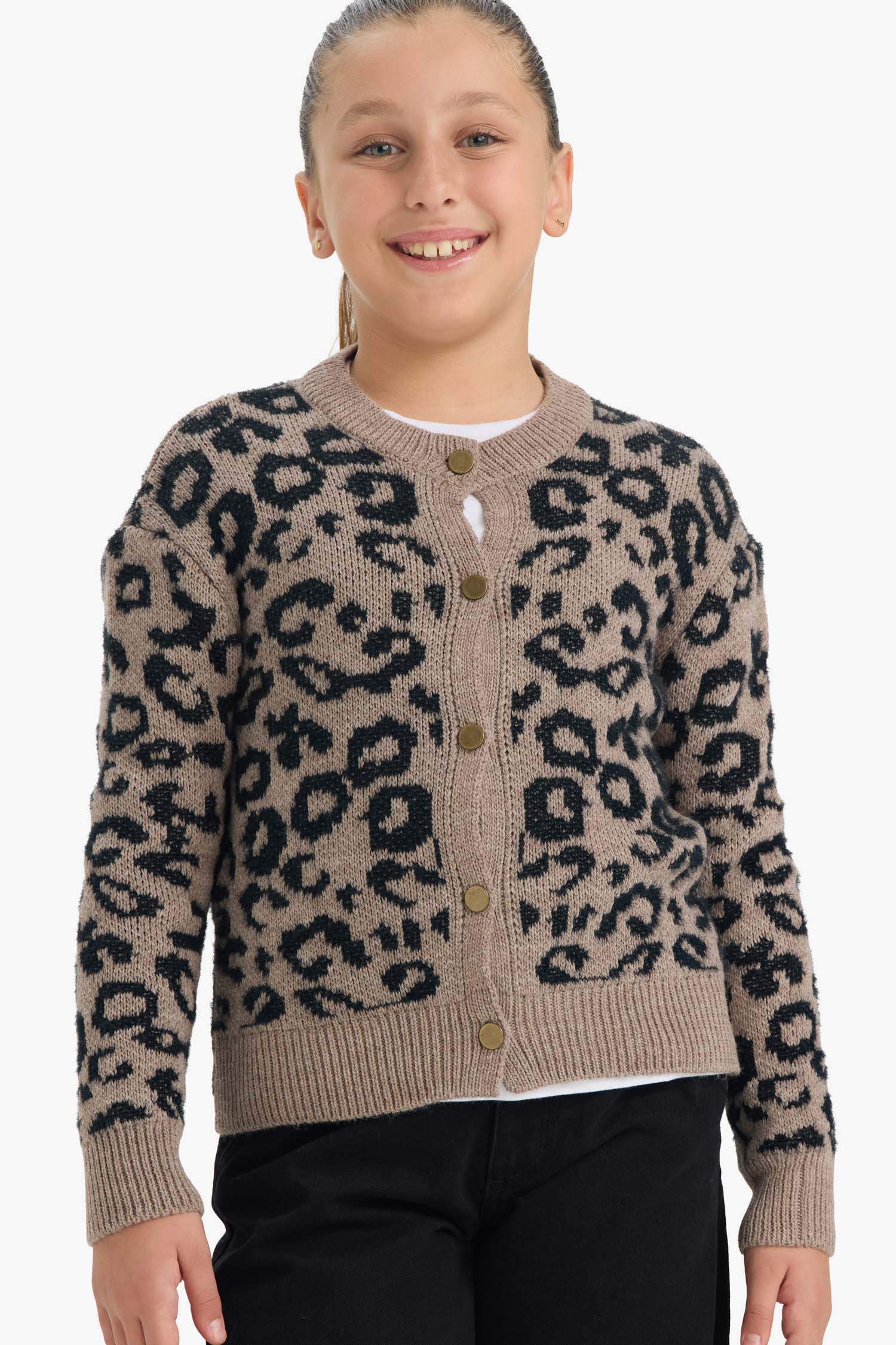 Kız Çocuk Leopar Desenli Düğmeli Hırka 
