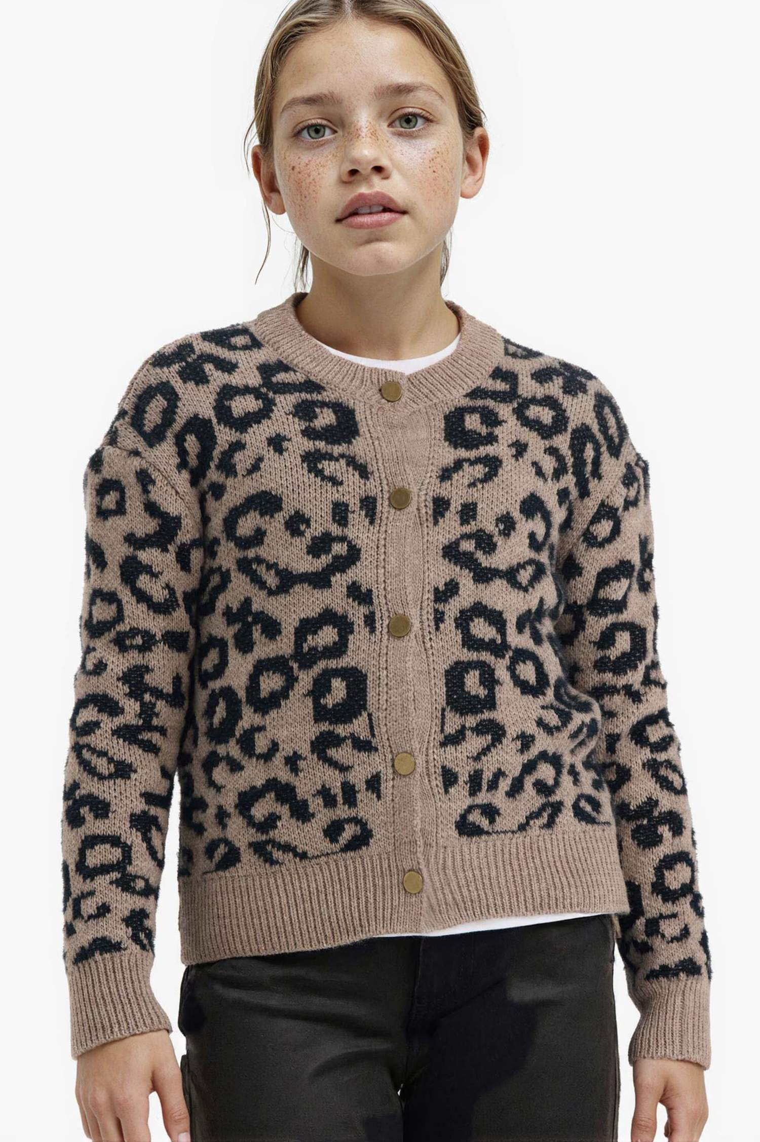 Girl Leopard Print Buttoned Cardigan