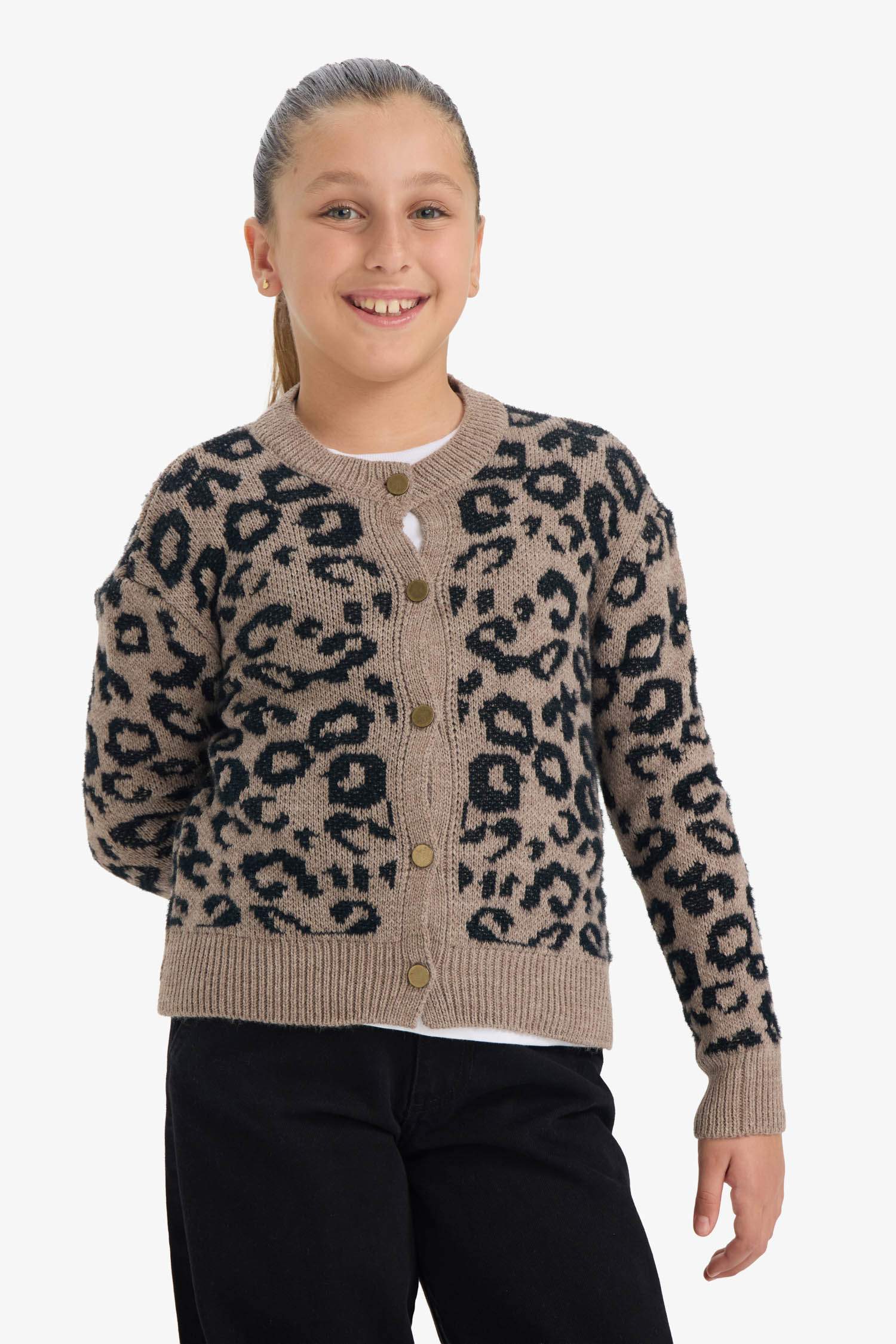 Kız Çocuk Leopar Desenli Düğmeli Hırka 