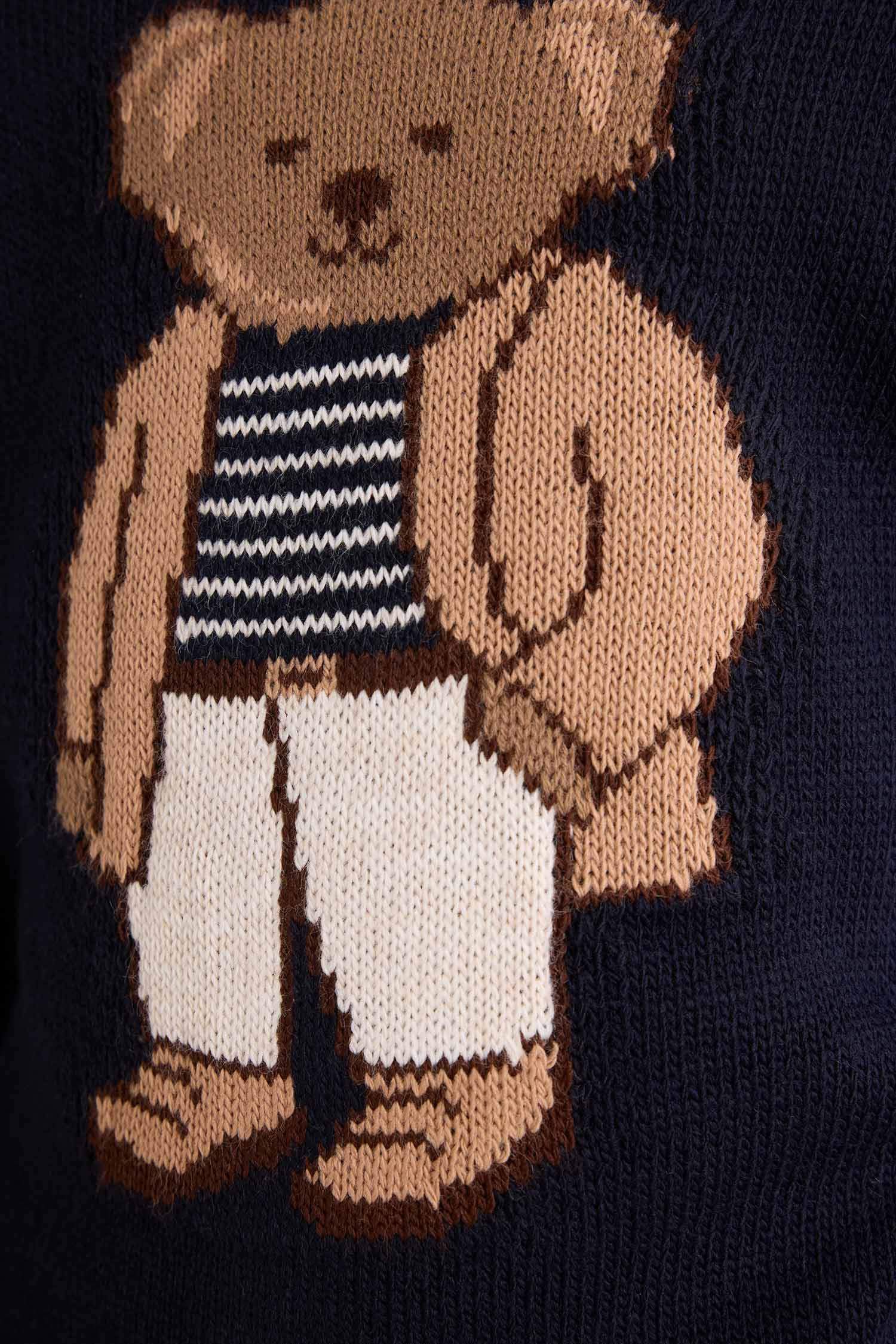 Kız Çocuk Bisiklet Yaka Ayı Baskılı Triko Kazak