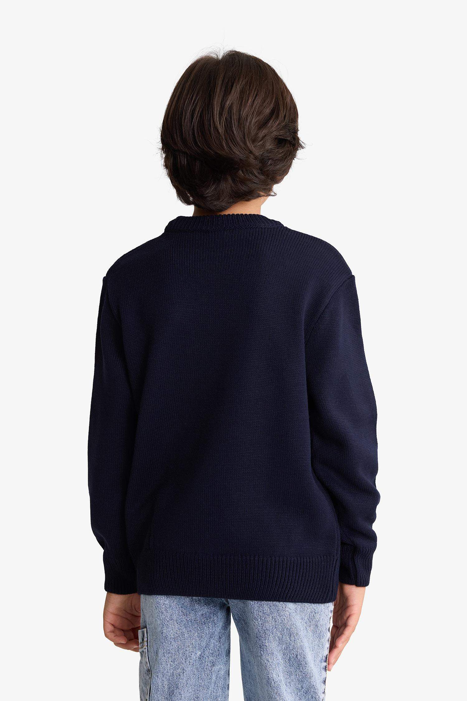 Erkek Çocuk Bisiklet Yaka Ayıcık Baskılı Triko Kazak