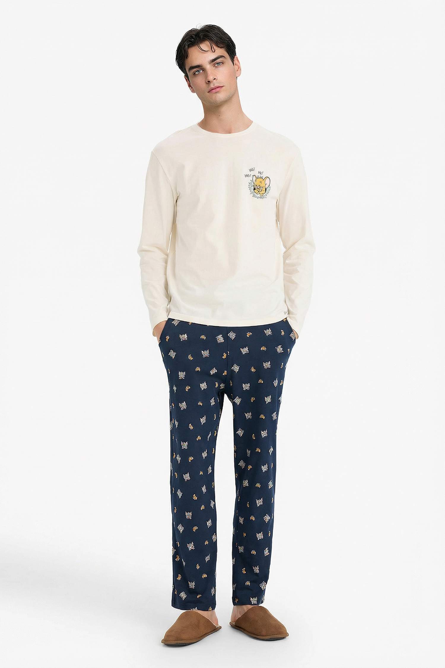 Tom & Jerry Pijama Takımı Regular Fit Uzun Kollu Üst Uzun Alt