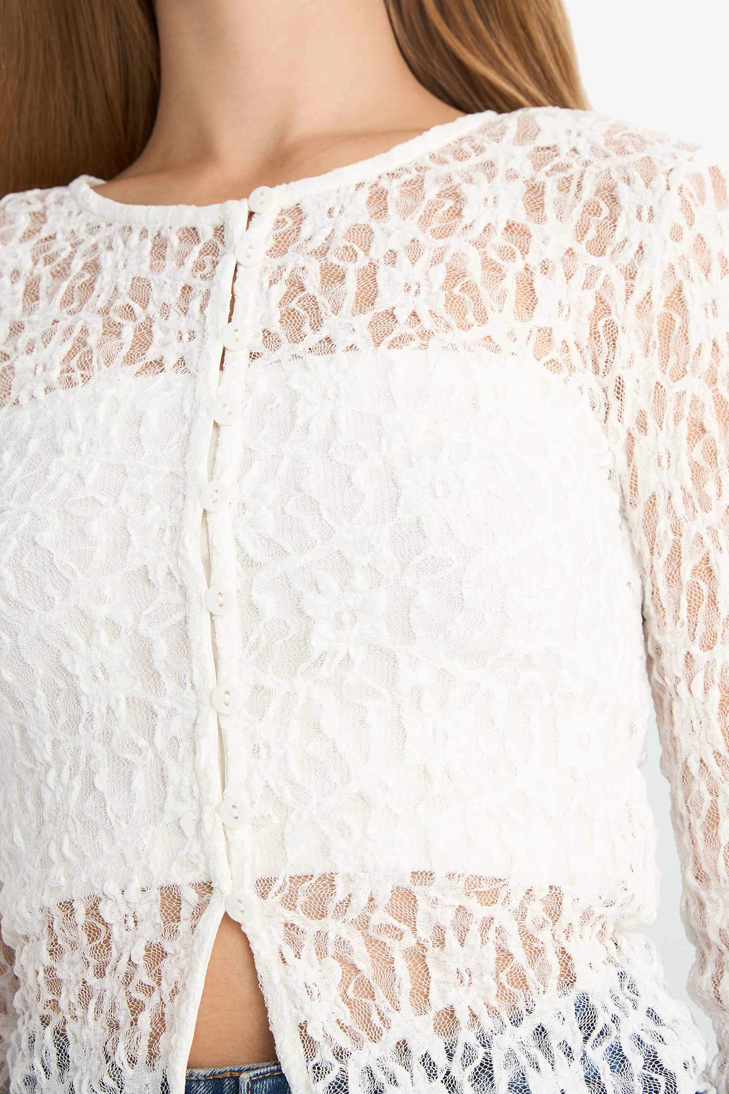 Fitted Bisiklet Yaka Dantel Hırka