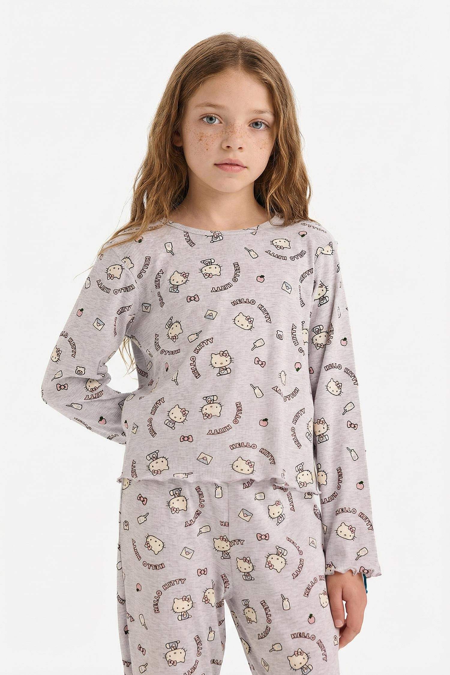 Kız Çocuk Hello Kitty Pijama Takımı Wide Leg Fitilli Kaşkorse Uzun Kollu Üst Uzun Alt