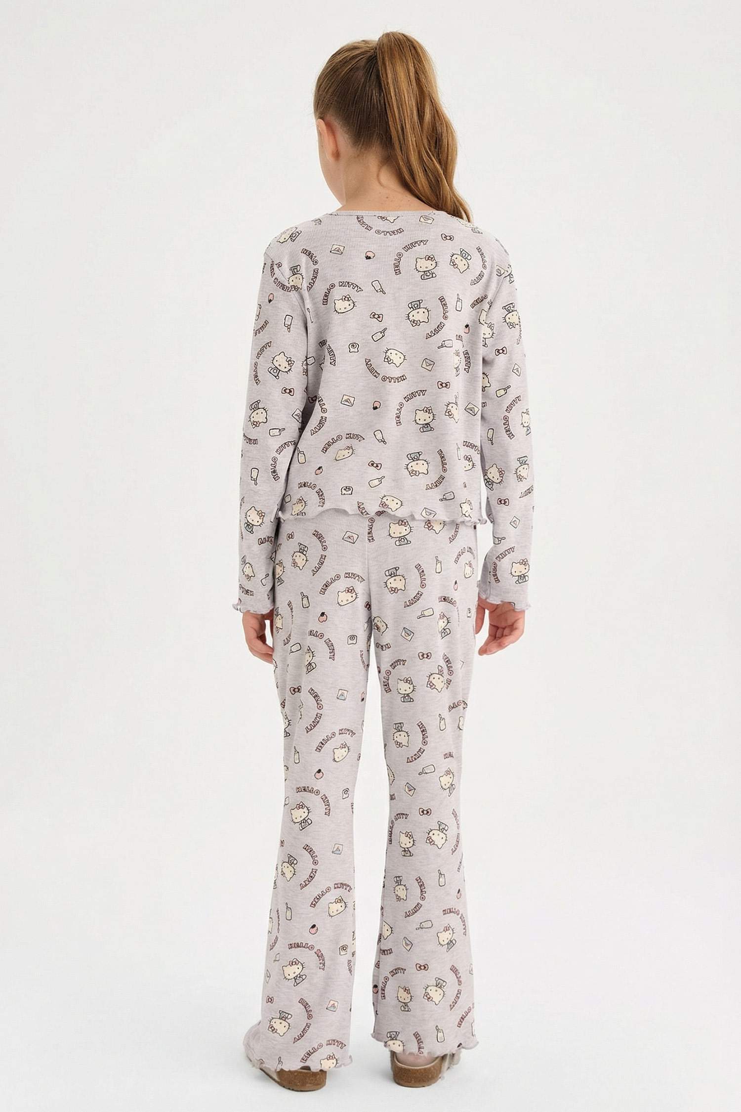 Kız Çocuk Hello Kitty Pijama Takımı Wide Leg Fitilli Kaşkorse Uzun Kollu Üst Uzun Alt