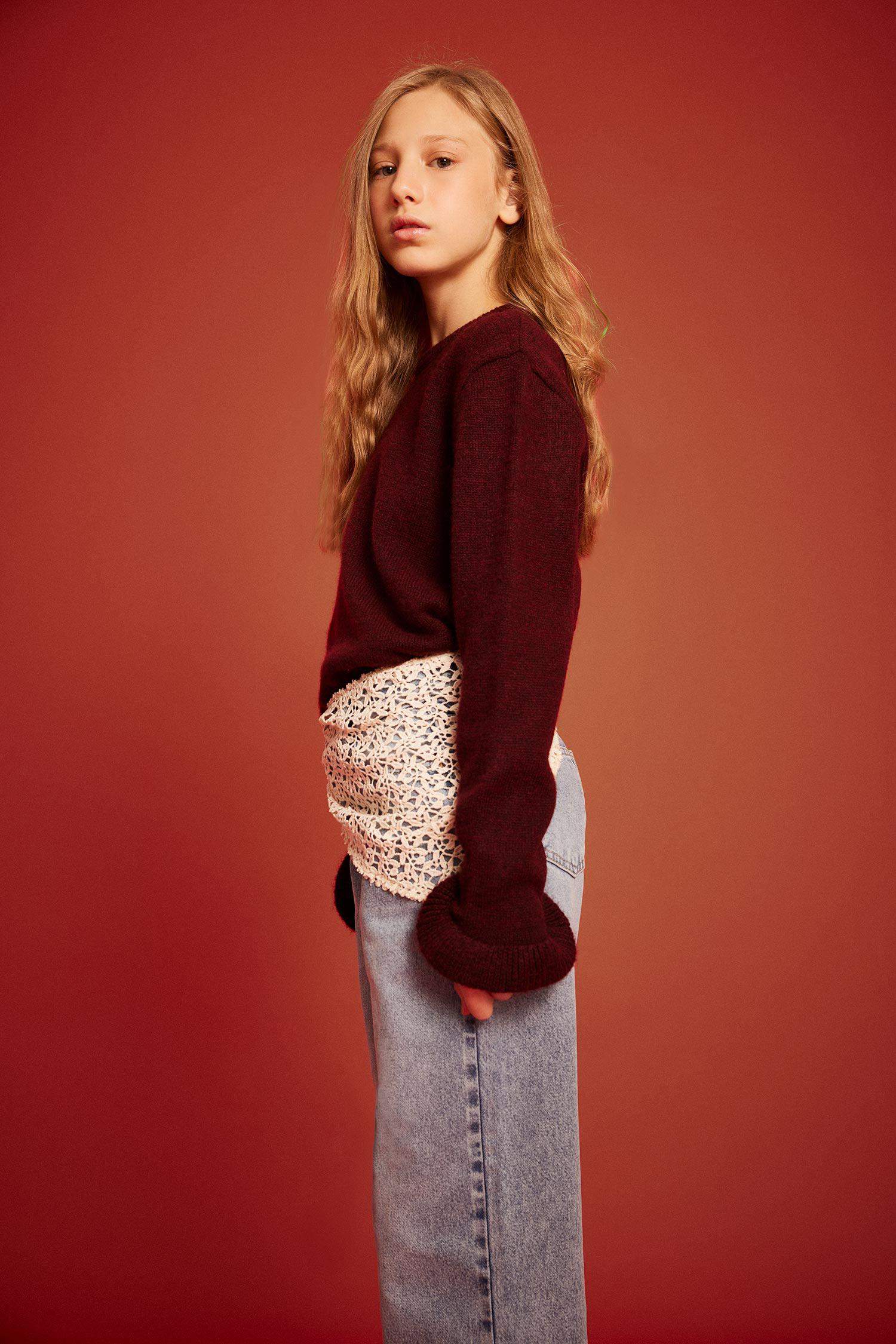 Kız Çocuk Bisiklet Yaka Volanlı Triko Kazak 