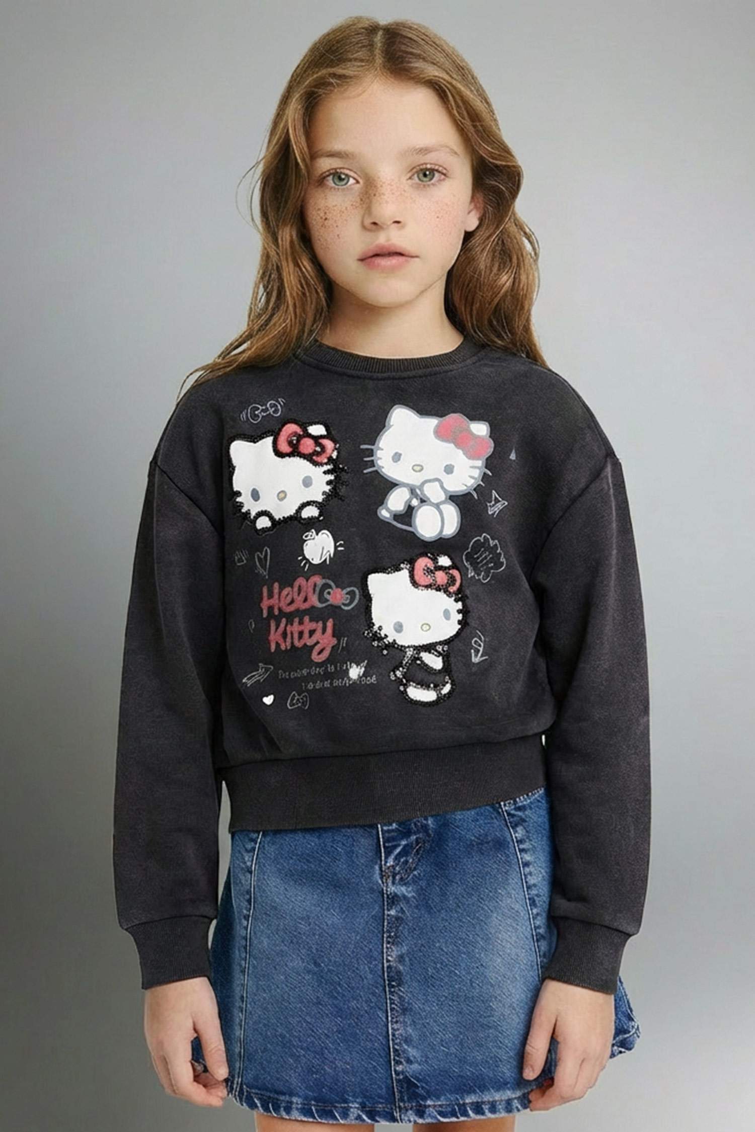 Kız Çocuk Hello Kitty Overshirt Fit Bisiklet Yaka Sweatshirt