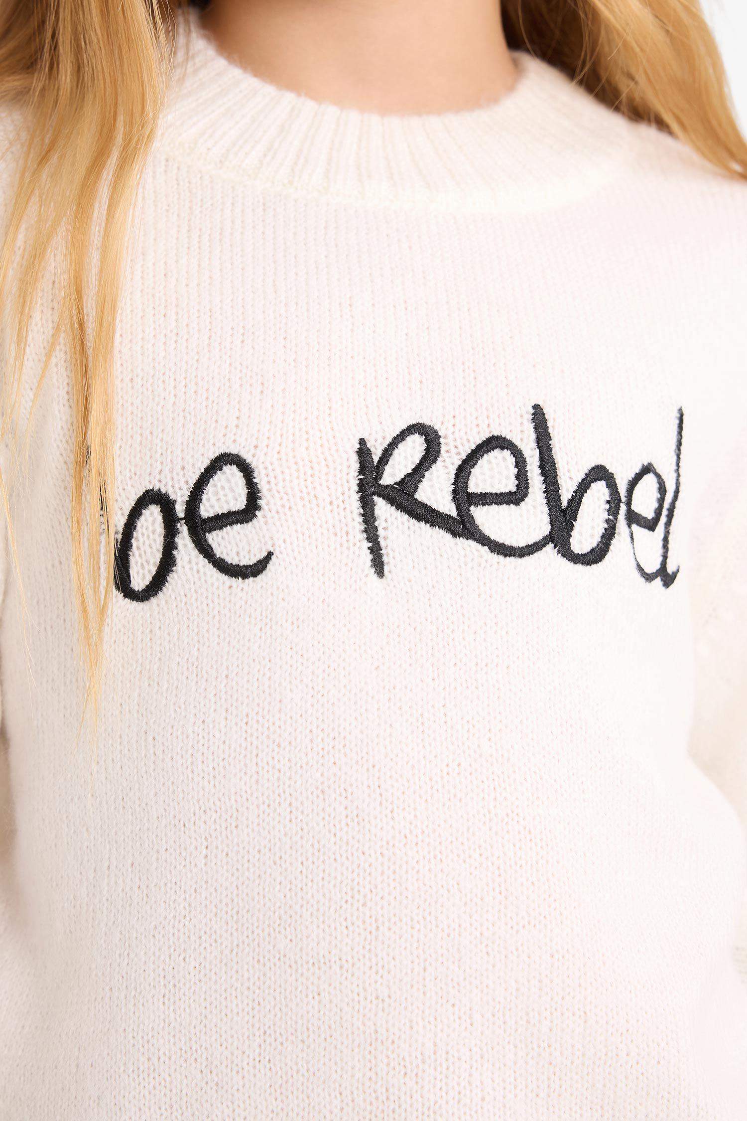 Kız Çocuk Slim Fit Dar Kesim Bisiklet Yaka Nakışlı Triko Kazak