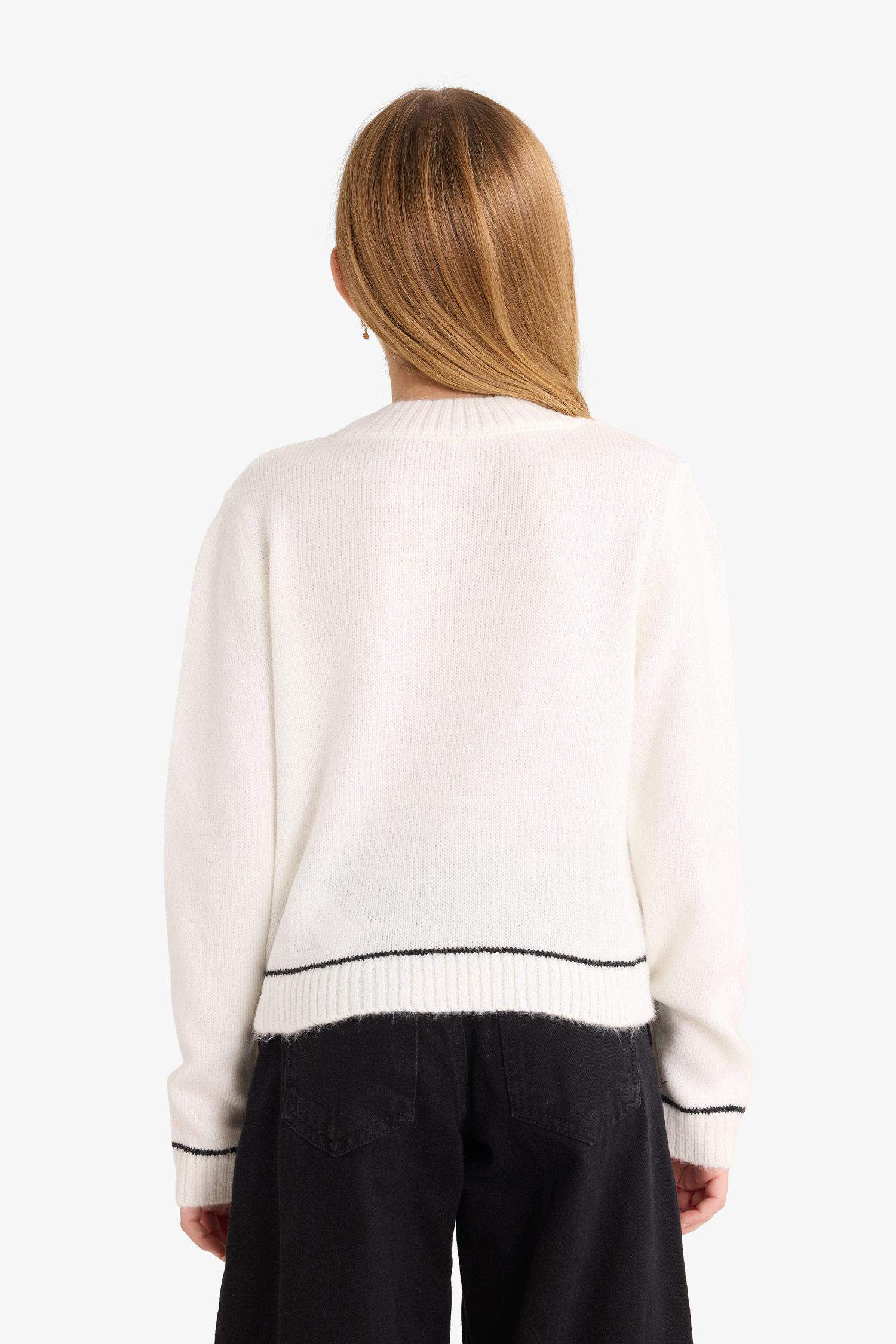 Kız Çocuk Slim Fit Dar Kesim Bisiklet Yaka Nakışlı Triko Kazak