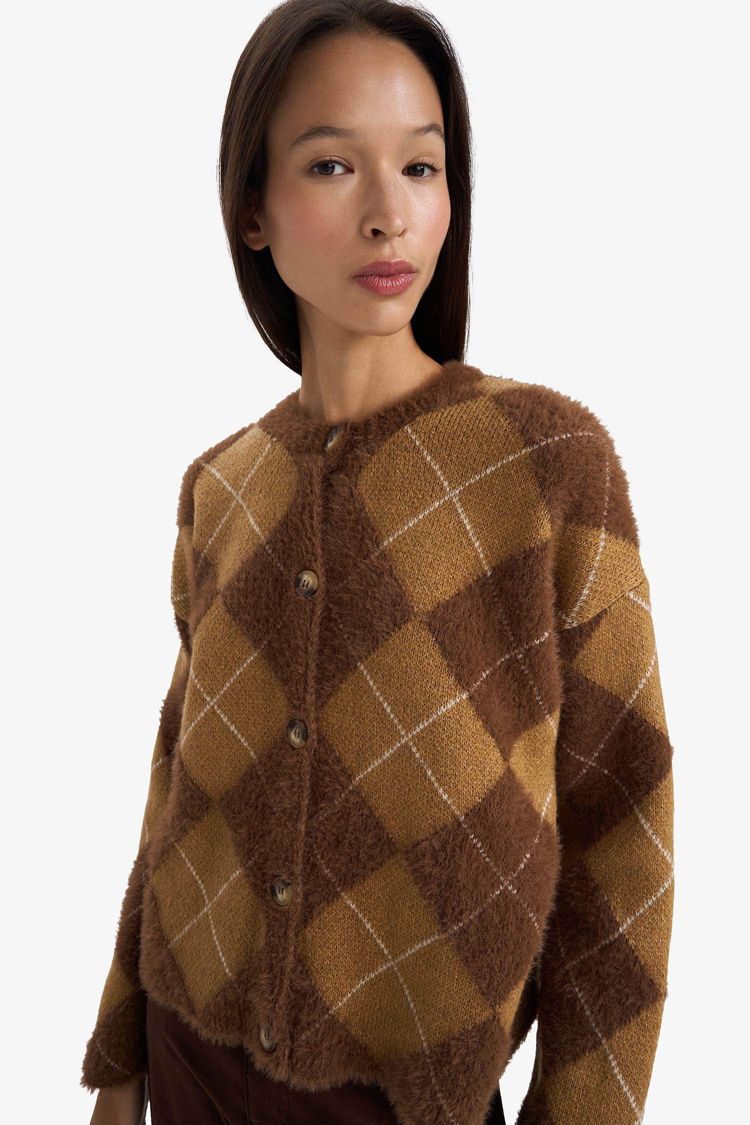 Regular Fit Bisiklet Yaka Baklava Desenli Düğmeli Triko Hırka