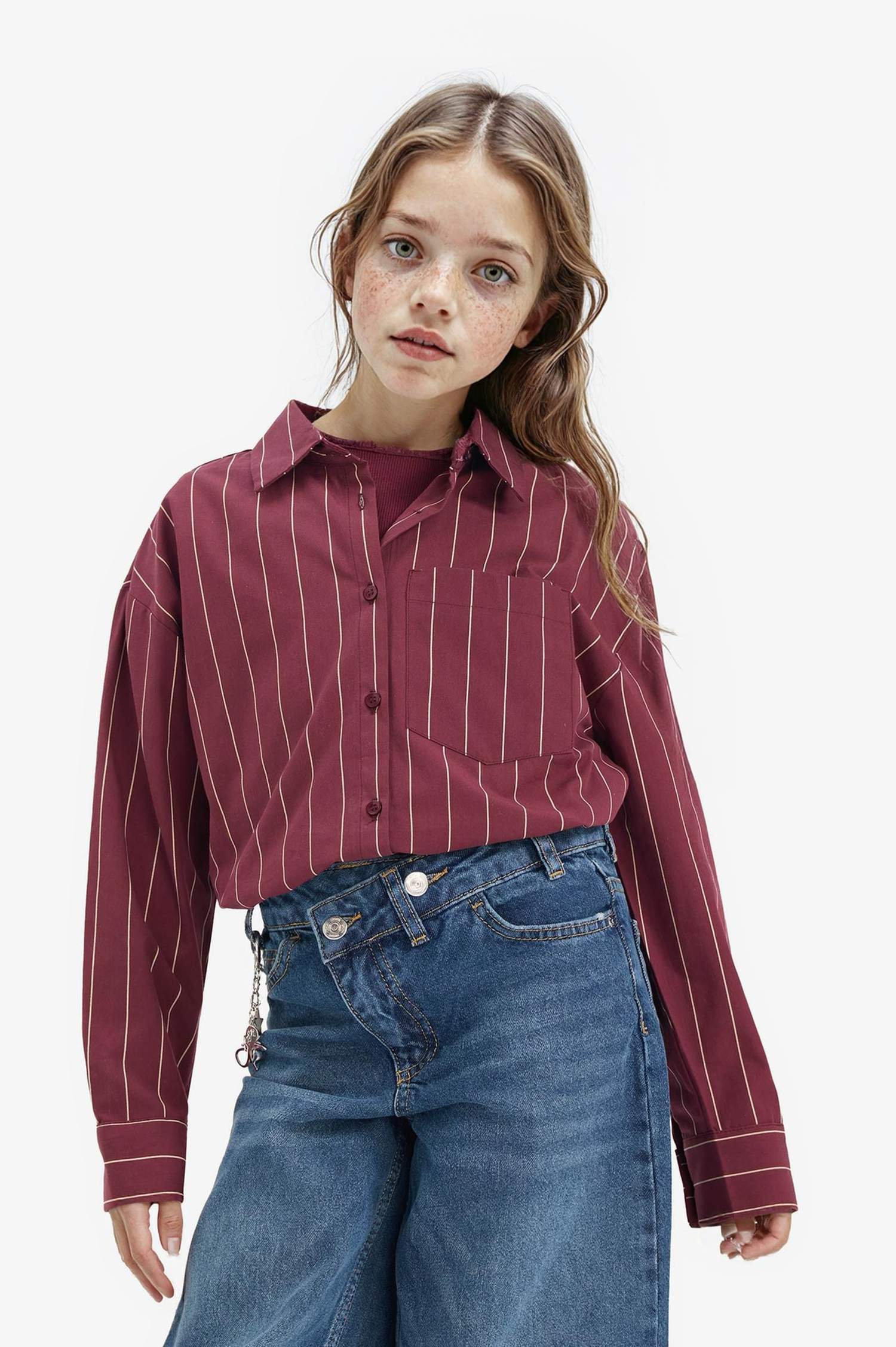 طقم قميص بنات كم طويل بوبلين و تيشيرت قصة عادية - قطعتين