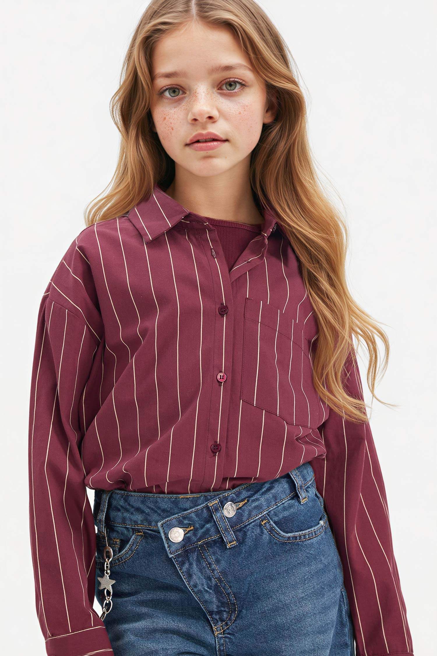 طقم قميص بنات كم طويل بوبلين و تيشيرت قصة عادية - قطعتين