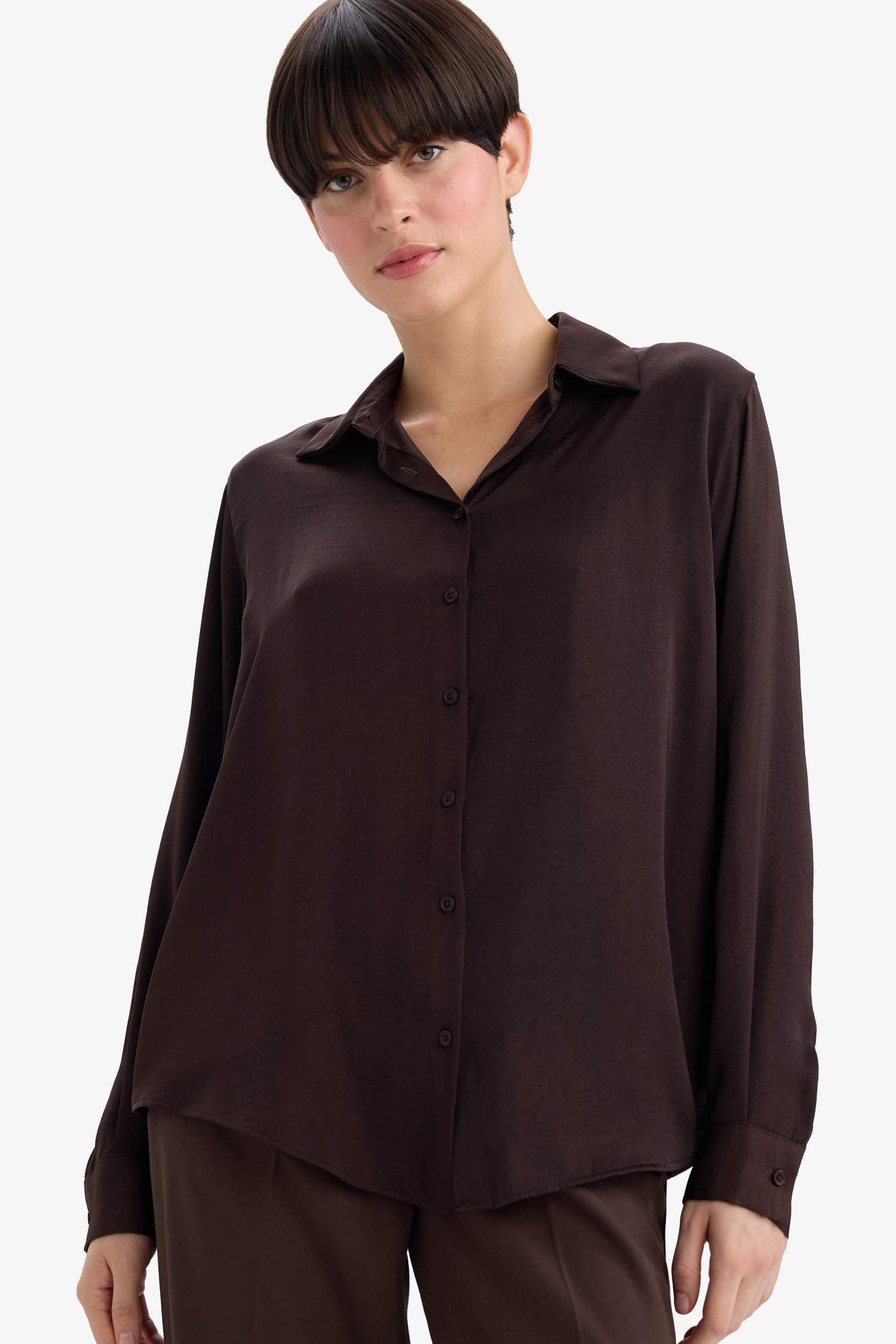Regular Fit Shirt Collar Satin Long Sleeve Shirt