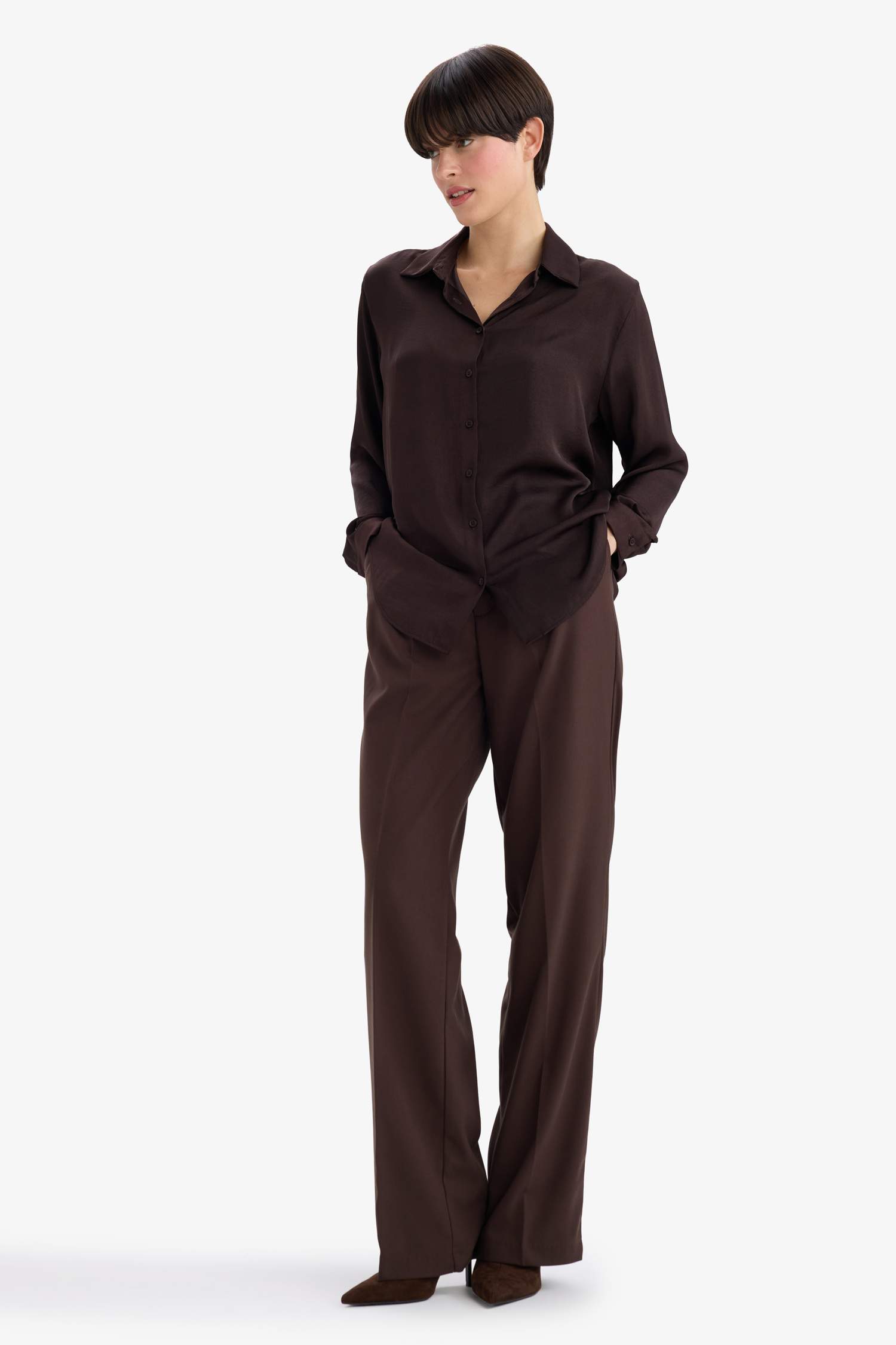 Regular Fit Shirt Collar Satin Long Sleeve Shirt