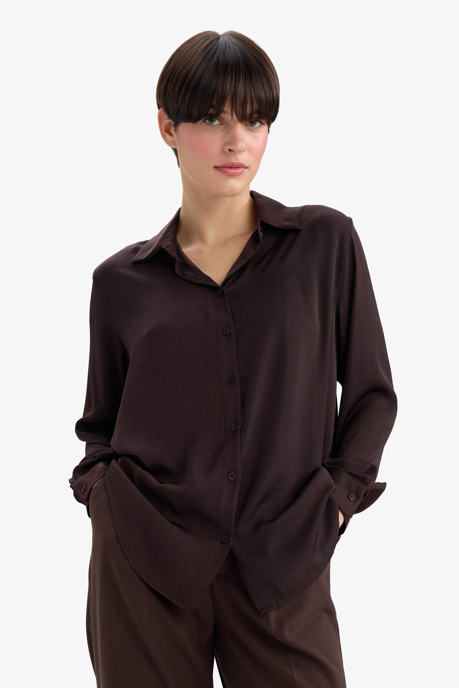 Regular Fit Shirt Collar Satin Long Sleeve Shirt