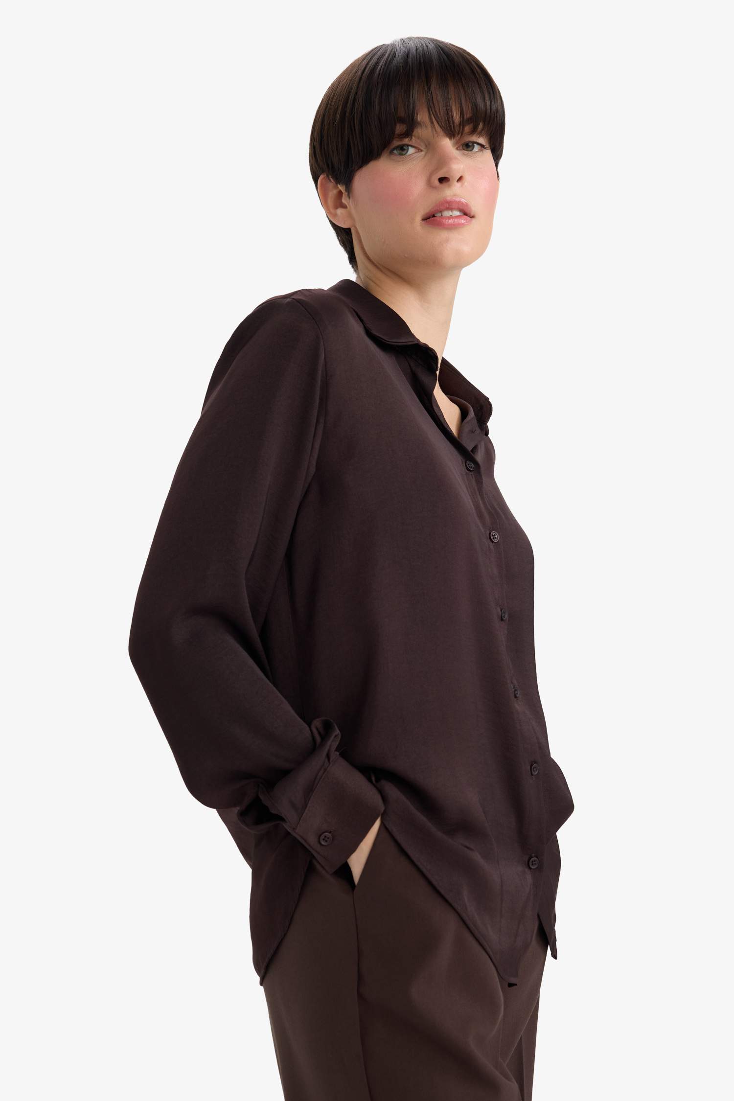 Regular Fit Shirt Collar Satin Long Sleeve Shirt