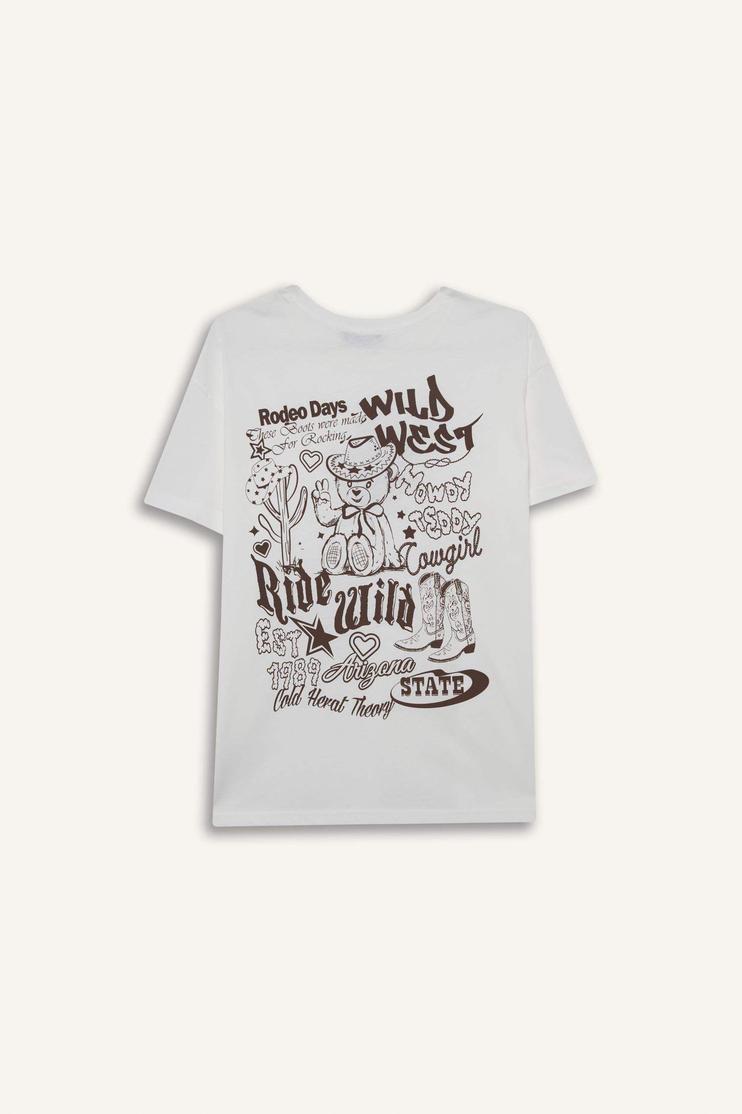 تيشيرت اوفر سايز مطبوع نص ردن بياقة مستديرة