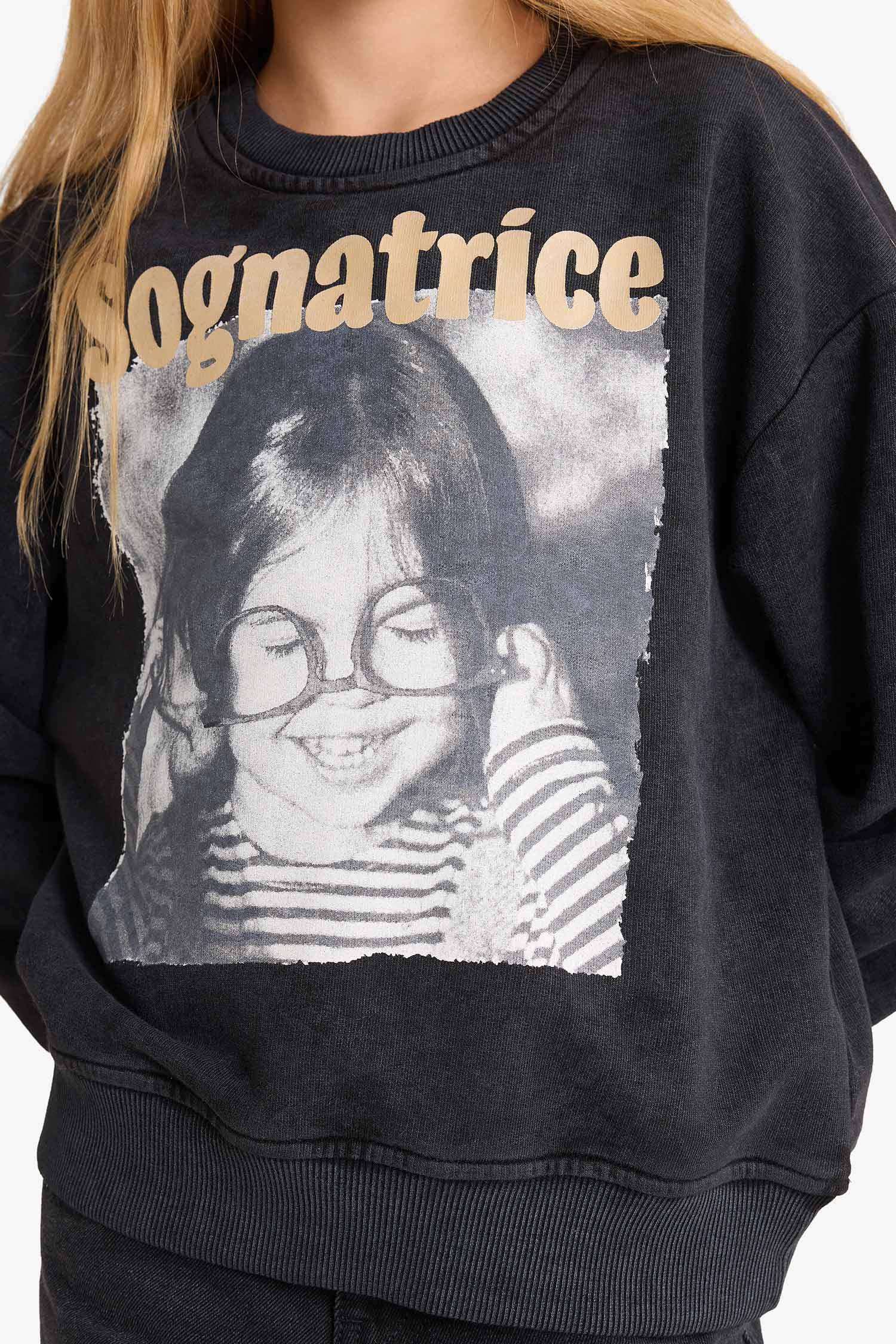Kız Çocuk Oversize Geniş Kalıp Bisiklet Yaka Baskılı Sweatshirt