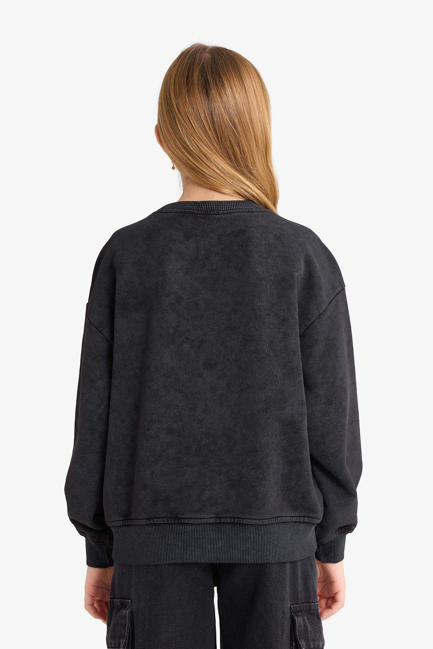 Kız Çocuk Oversize Geniş Kalıp Bisiklet Yaka Baskılı Sweatshirt