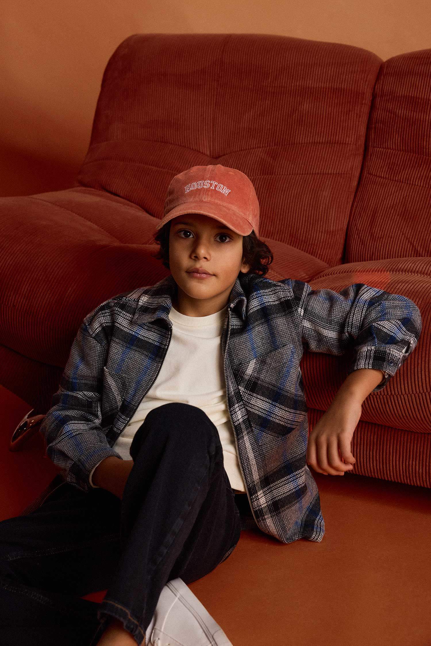 Boy Polo Neck Plaid Zippered Jacket