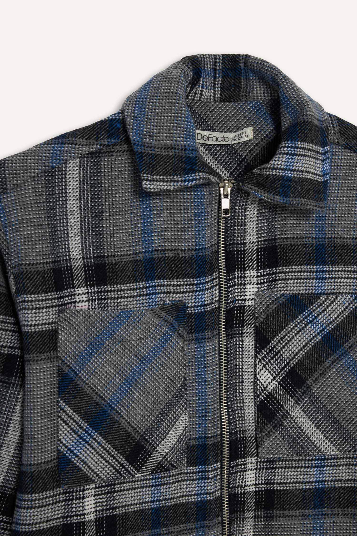 Erkek Çocuk Polo Yaka Ekose Desenli Fermuarlı Flanel Ceket