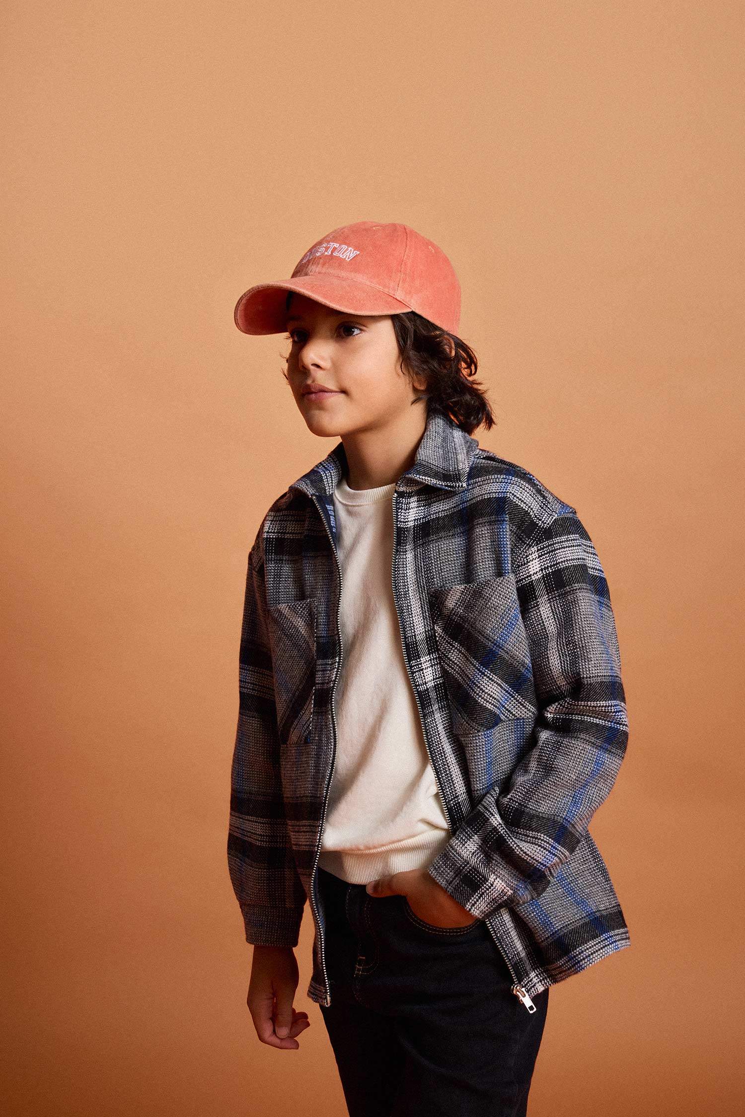 Boy Polo Neck Plaid Zippered Jacket