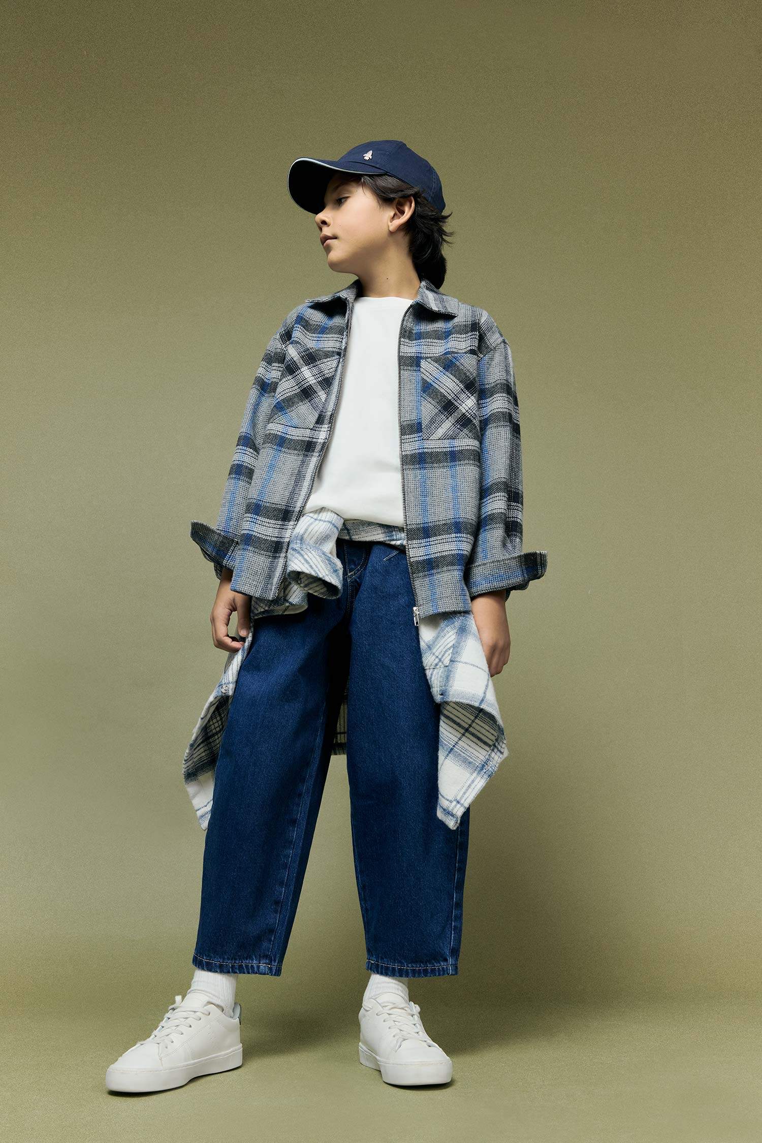 Erkek Çocuk Polo Yaka Ekose Desenli Fermuarlı Flanel Ceket