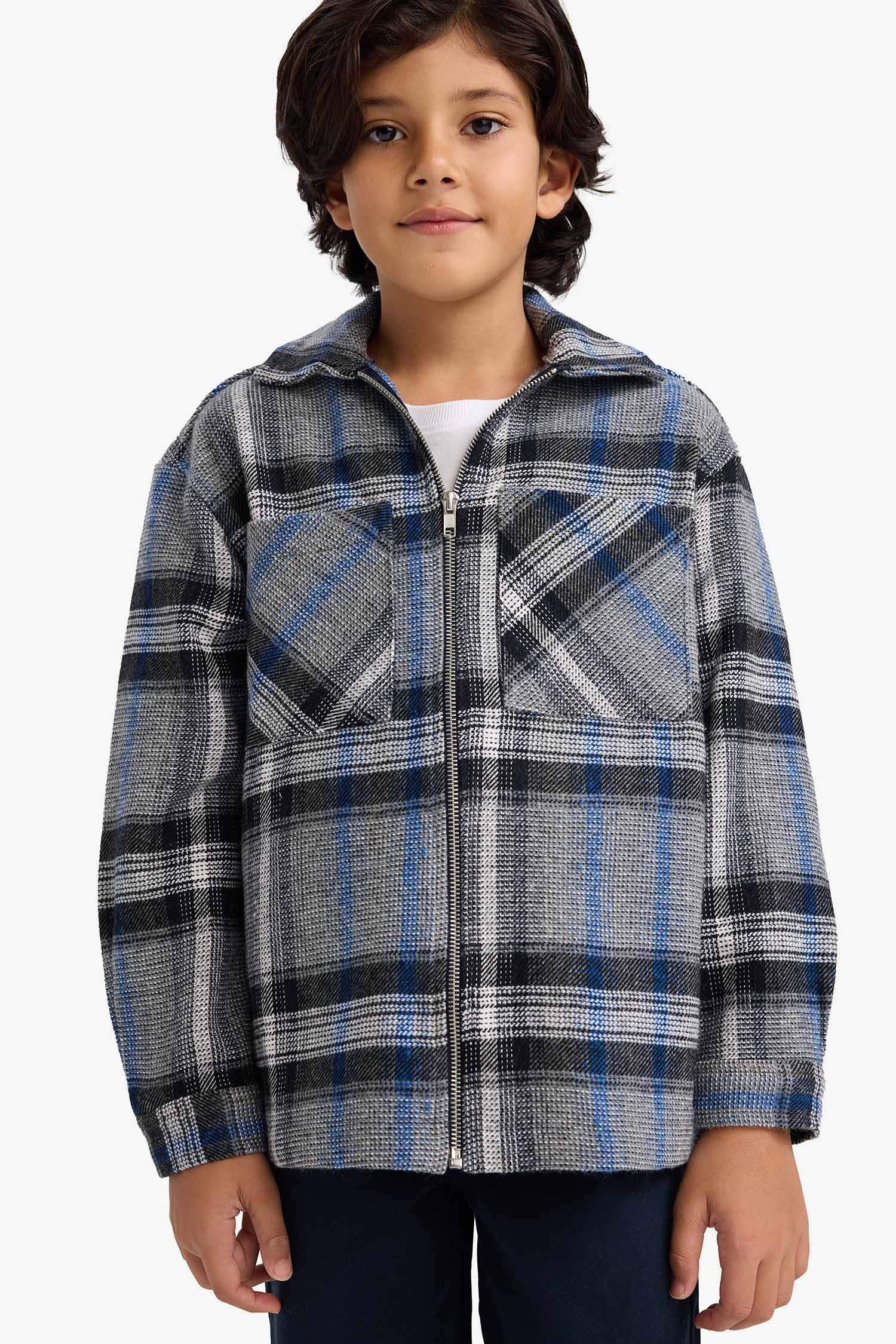 Boy Polo Neck Plaid Zippered Jacket