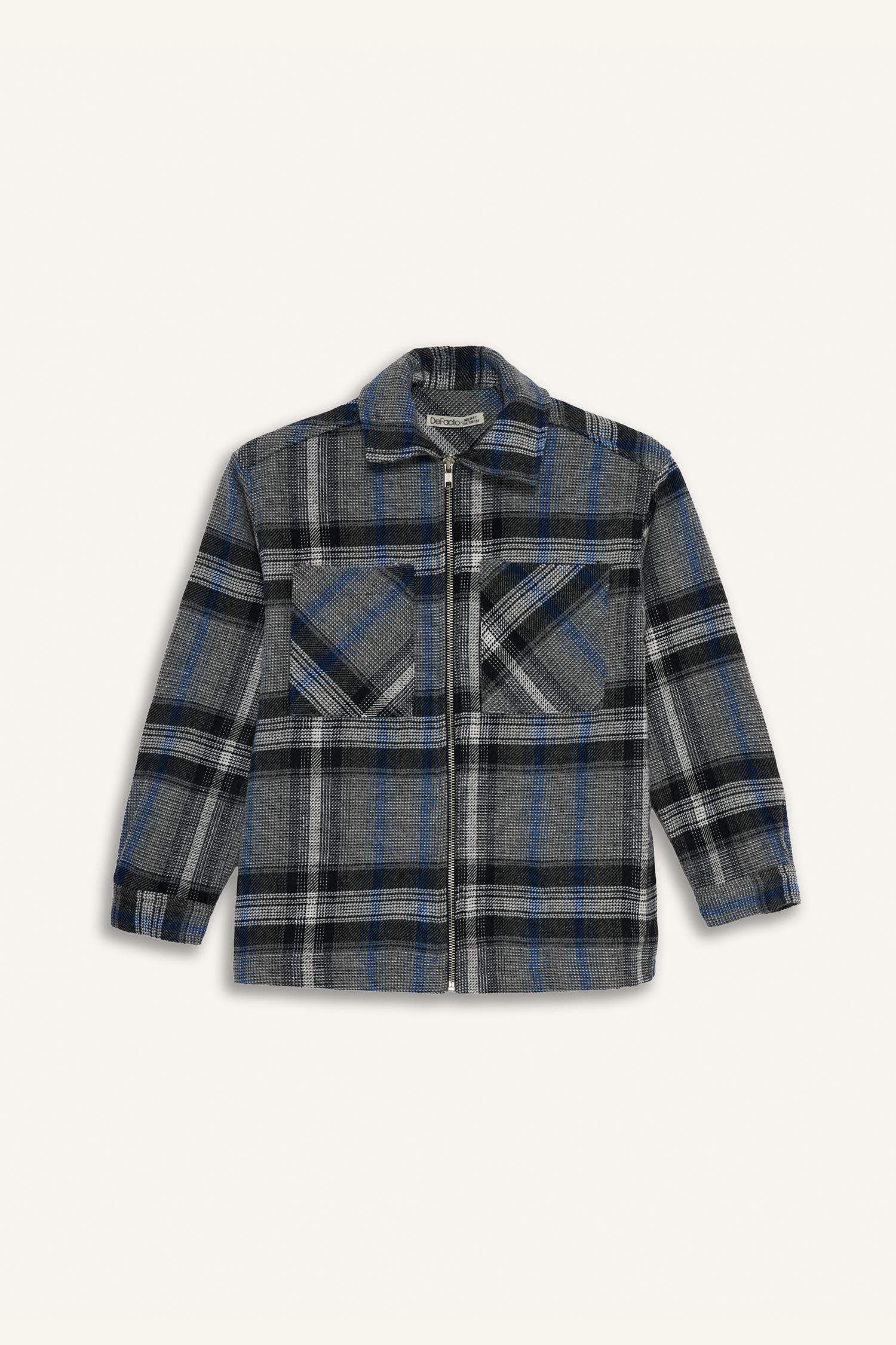 Boy Polo Neck Plaid Zippered Jacket