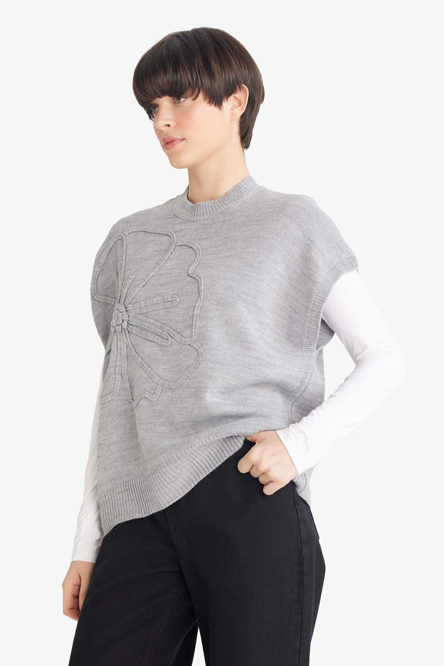 Relax Fit Bisiklet Yaka Çiçekli Triko Süveter