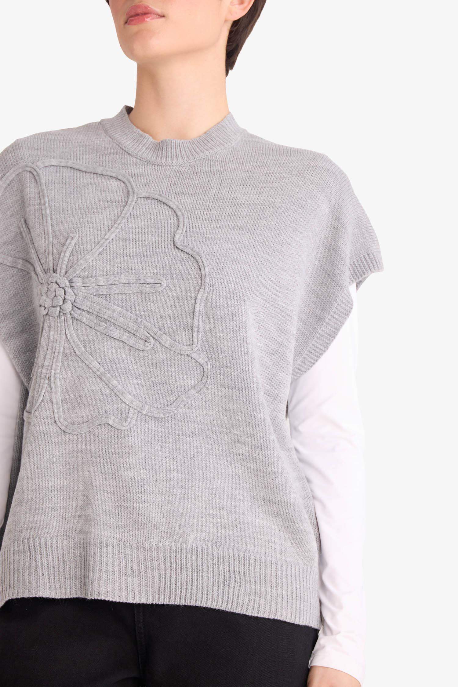 Relax Fit Bisiklet Yaka Çiçekli Triko Süveter