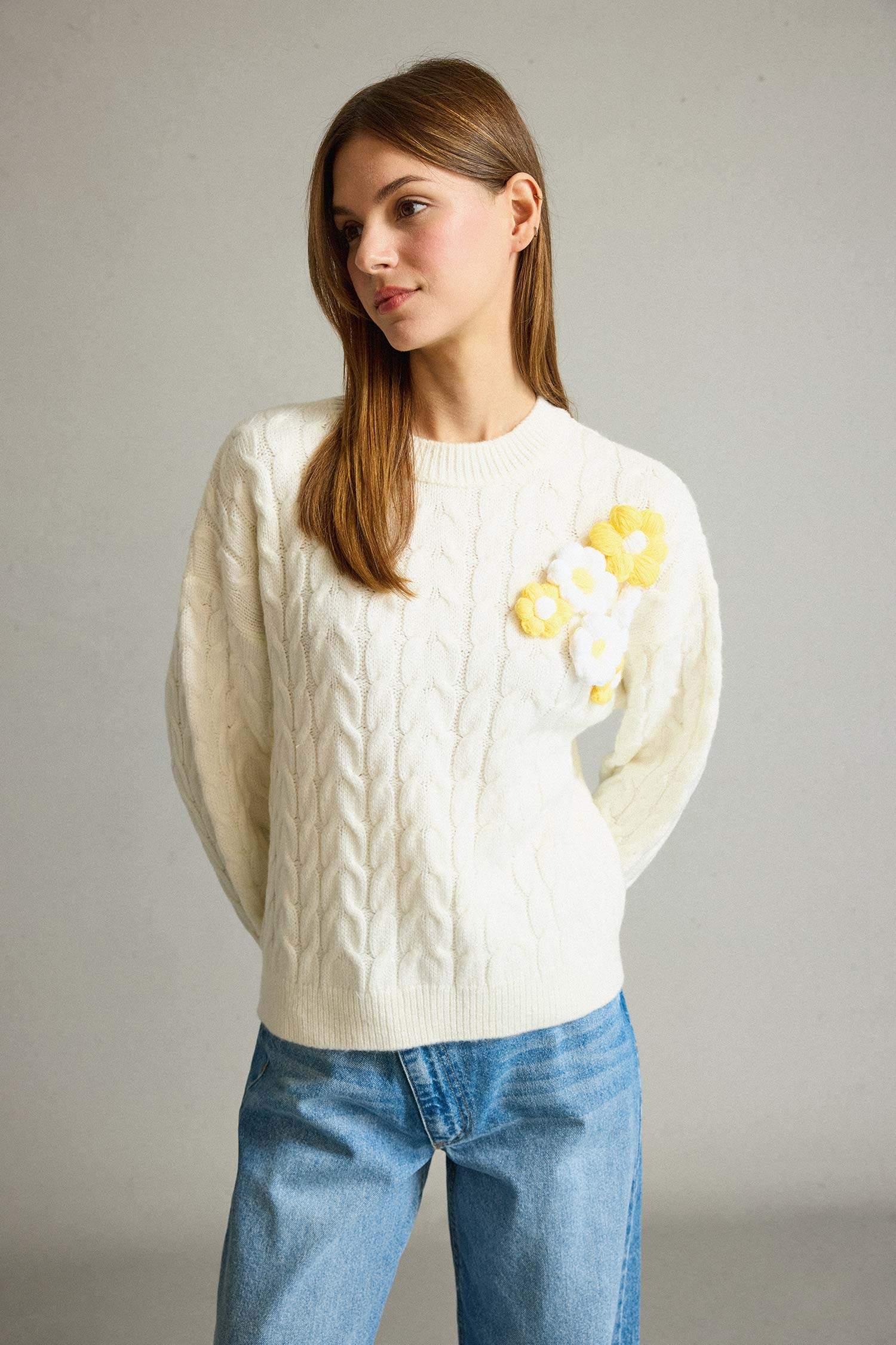 Bisiklet Yaka Çiçekli Triko Kazak