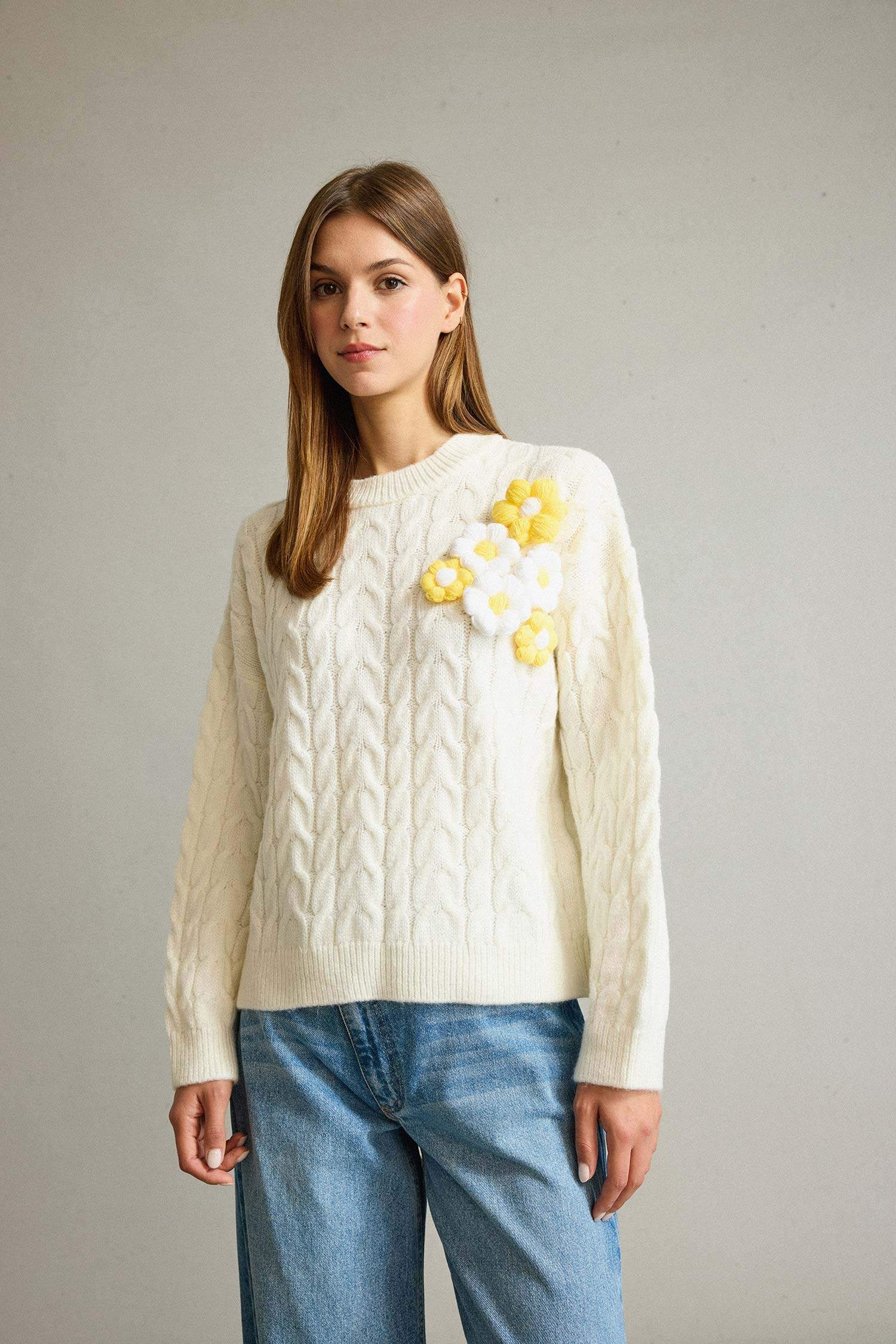 Bisiklet Yaka Çiçekli Triko Kazak