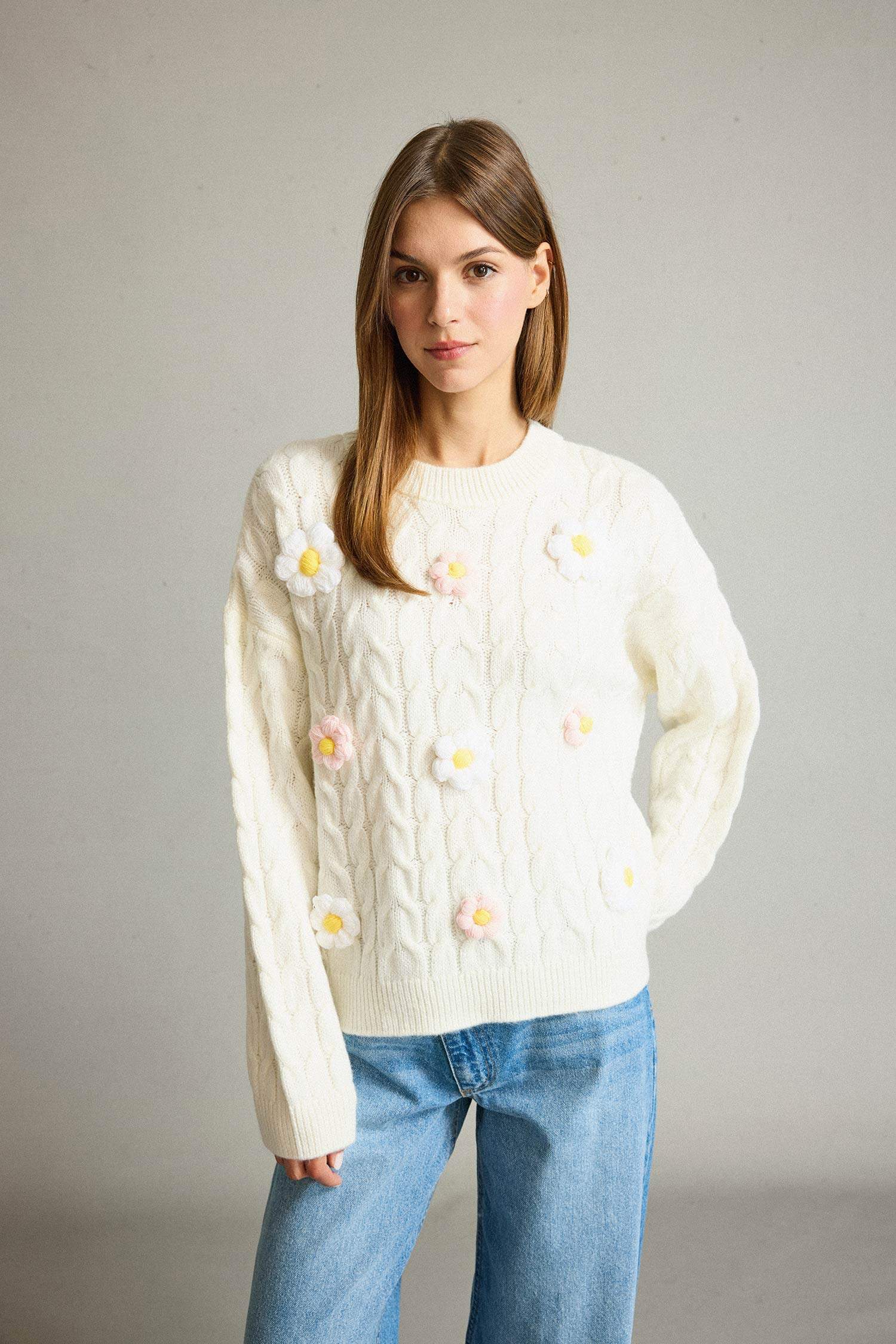 Bisiklet Yaka Çiçekli Triko Kazak