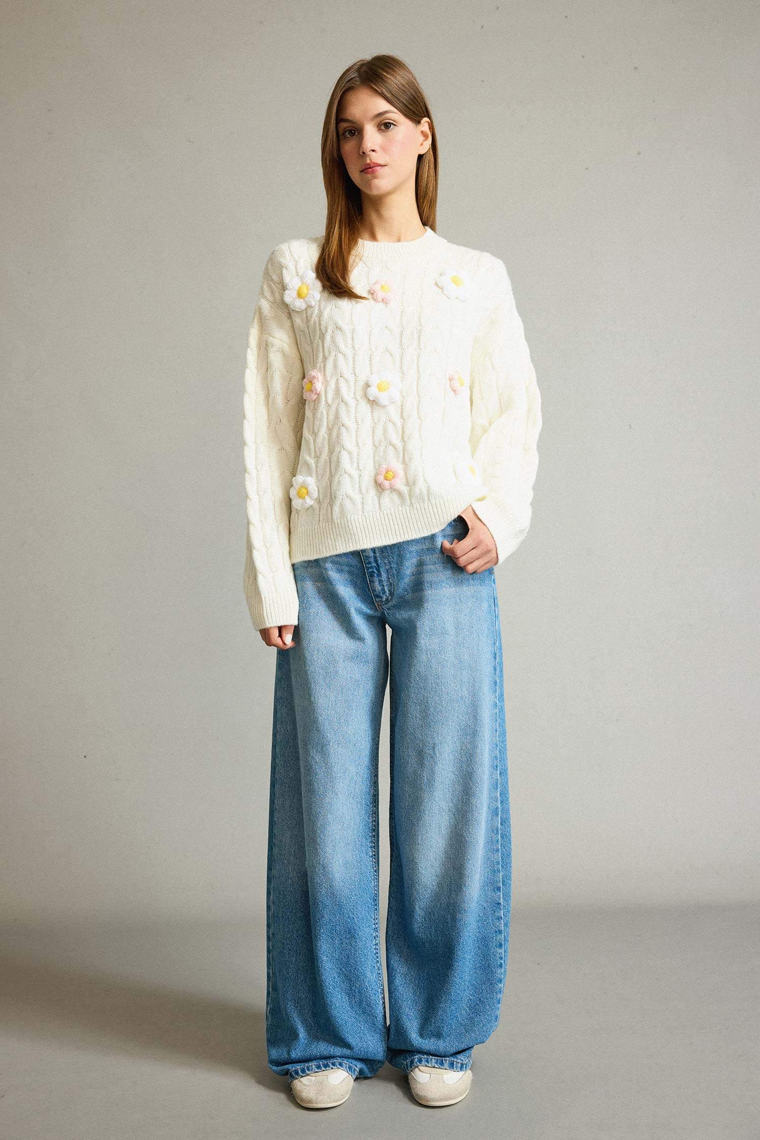 Bisiklet Yaka Çiçekli Triko Kazak