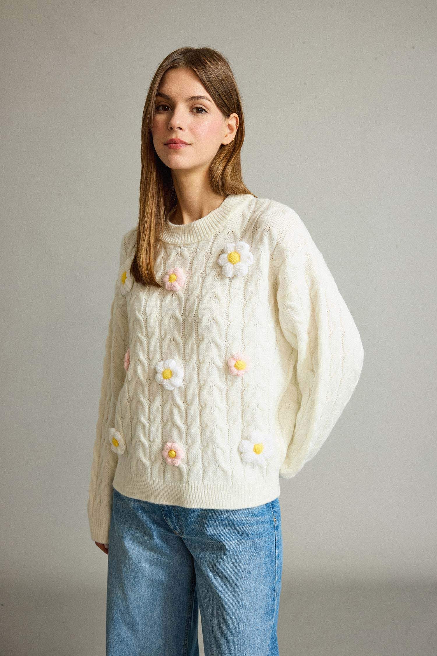 Bisiklet Yaka Çiçekli Triko Kazak