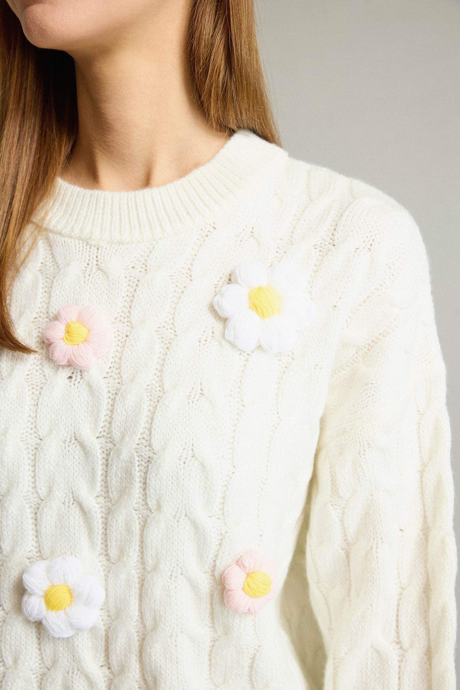 Bisiklet Yaka Çiçekli Triko Kazak