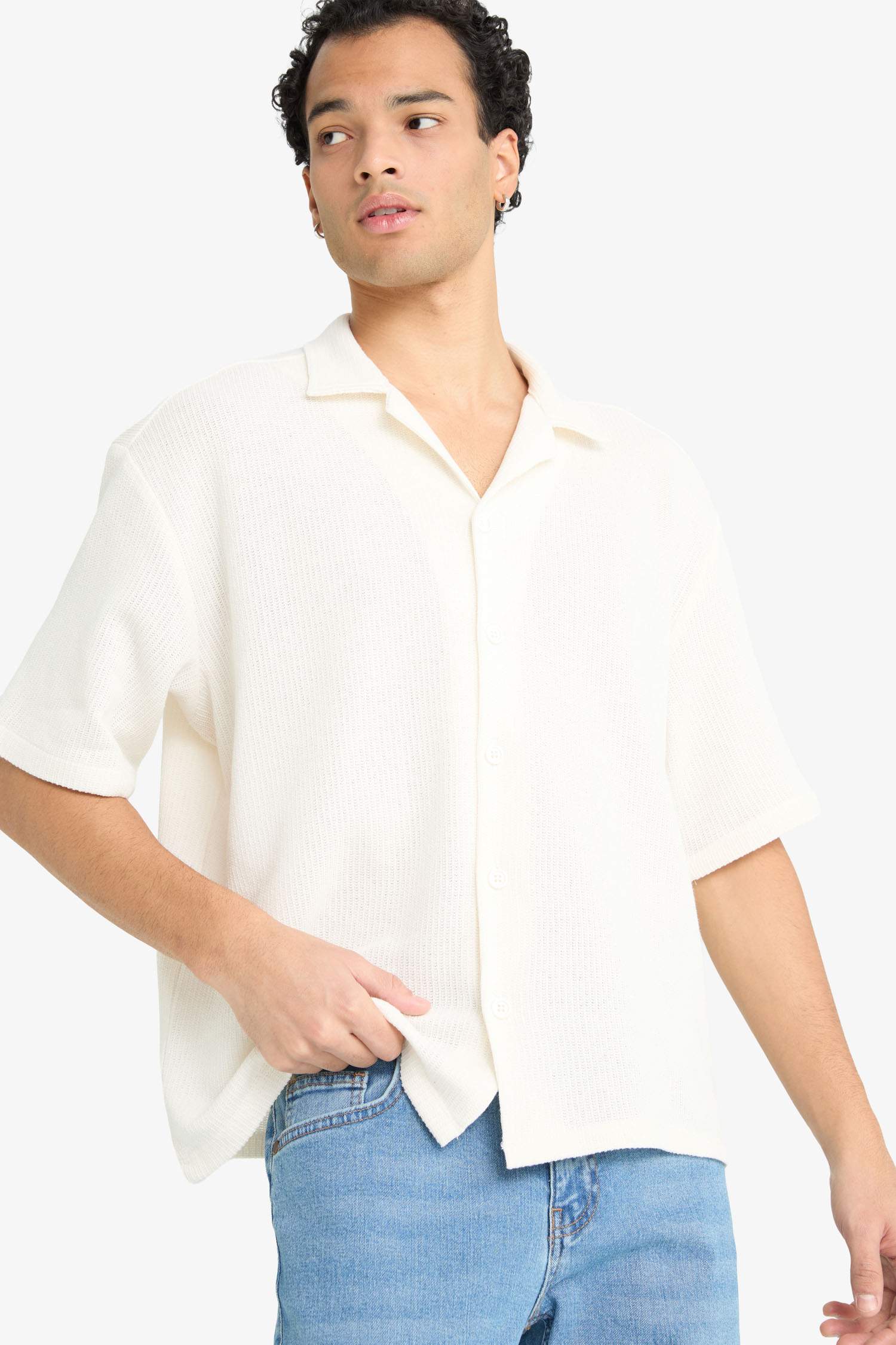 Boxy Fit Polo Yaka Penye Kısa Kollu Gömlek