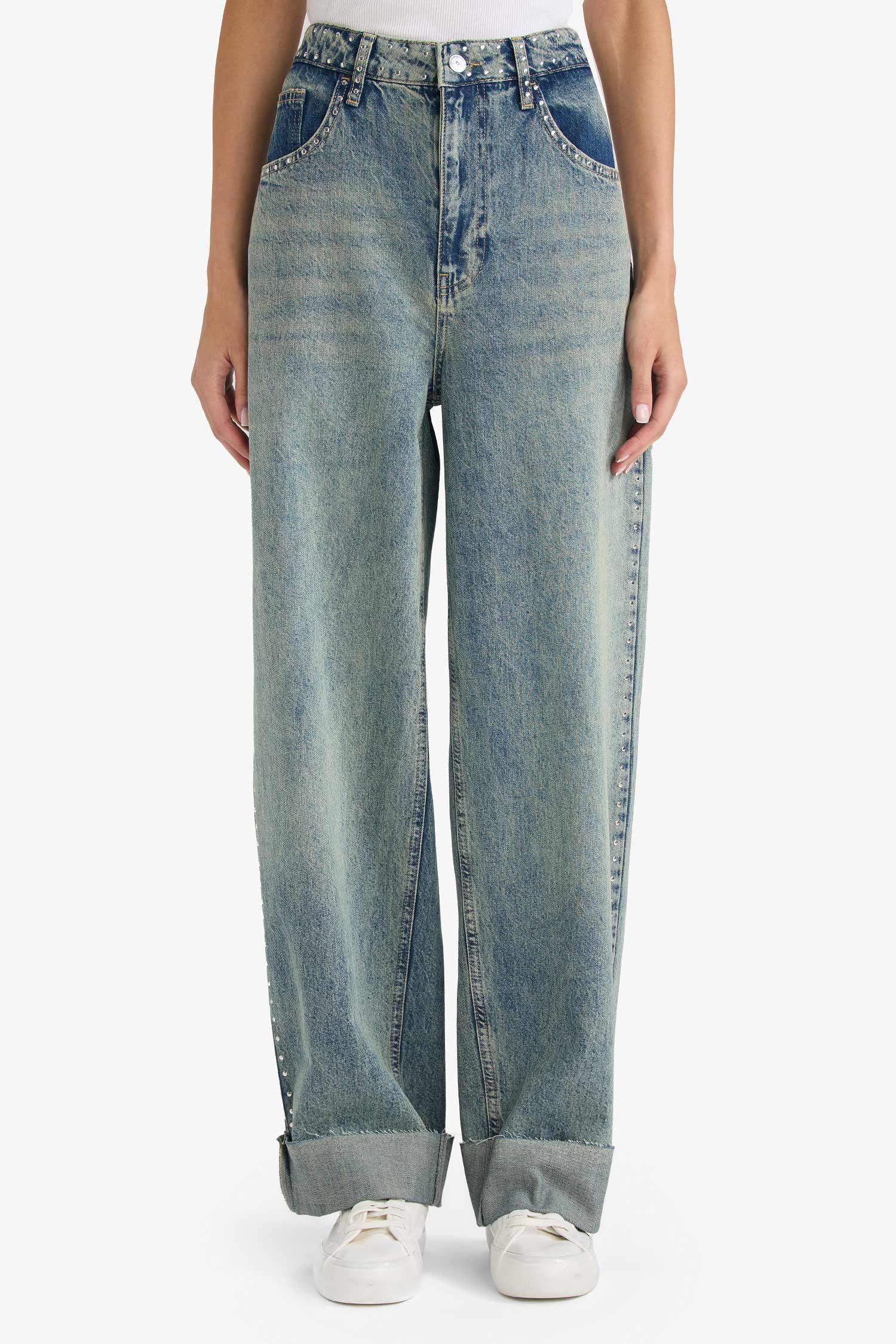 Straight Fit High Waist Denim Trousers